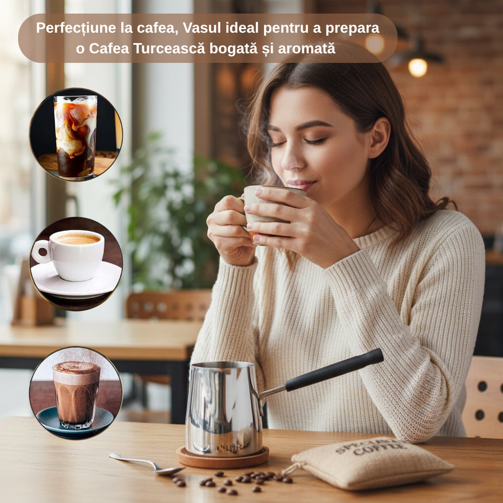 Ibric din Otel Inoxidabil pentru Cafea turceasca Koken, 1000ml, cu Maner, Usor de curatat, Oală Turcească pentru Cafea si Spumare Lapte, Dispozitiv Versatil de Topire