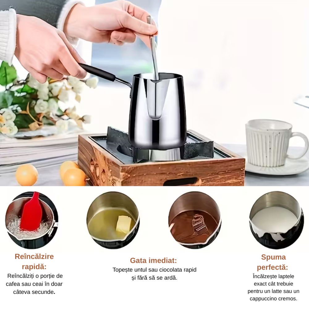 Ibric din Otel Inoxidabil pentru Cafea turceasca Koken, 1000ml, cu Maner, Usor de curatat, Oală Turcească pentru Cafea si Spumare Lapte, Dispozitiv Versatil de Topire