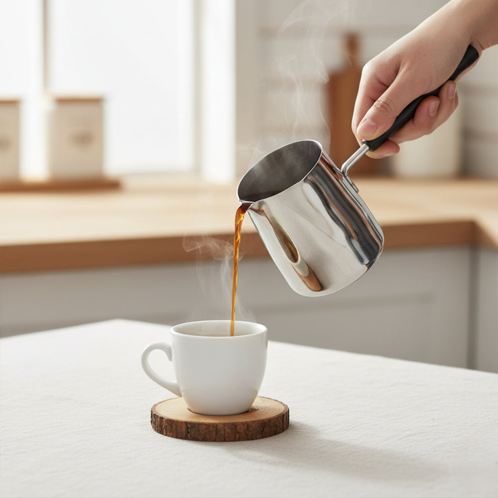 Ibric din Otel Inoxidabil pentru Cafea turceasca Koken, 1000ml, cu Maner, Usor de curatat, Oală Turcească pentru Cafea si Spumare Lapte, Dispozitiv Versatil de Topire