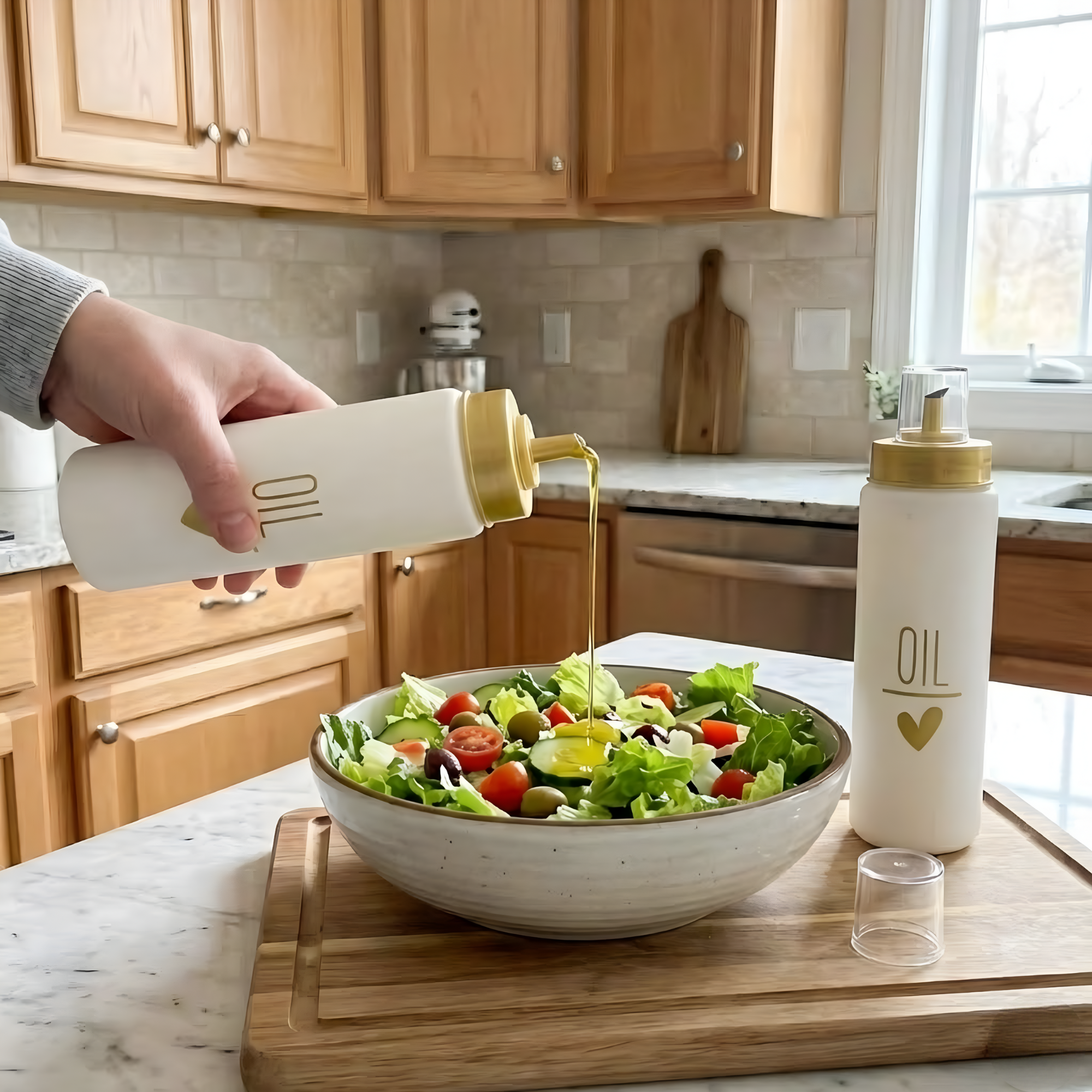 Set 2 Oliviere din sticlă pentru ulei – 550 ml, cu capac plastic anti-picurare, recipiente pentru ulei, design elegant „OIL”, Alb/Auriu