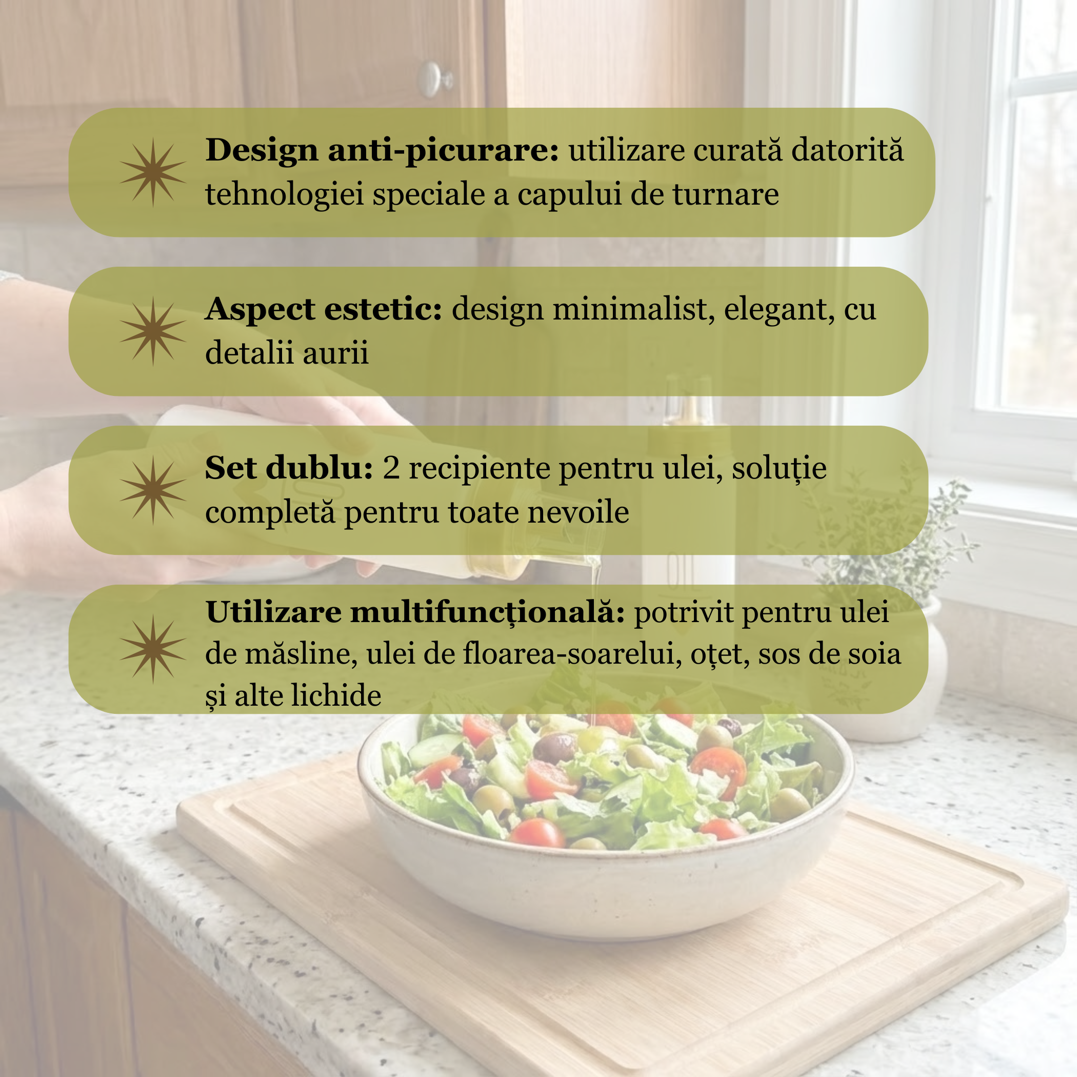 Set 2 Oliviere din sticlă pentru ulei – 550 ml, cu capac plastic anti-picurare, recipiente pentru ulei, design elegant „OIL”, Alb/Auriu