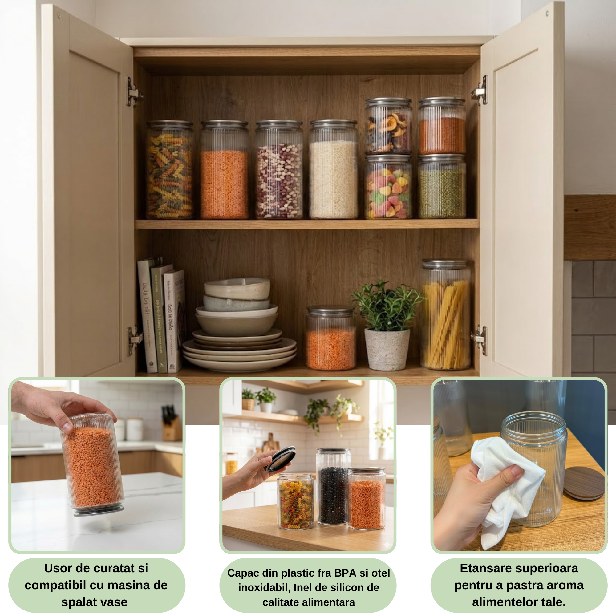 Set 6/7/9 Borcane din sticlă borosilicată Koken, Recipiente cu capac din plastic BPA Free si otel inoxidabil ermetic, pentru depozitarea alimentelor uscate și cereale