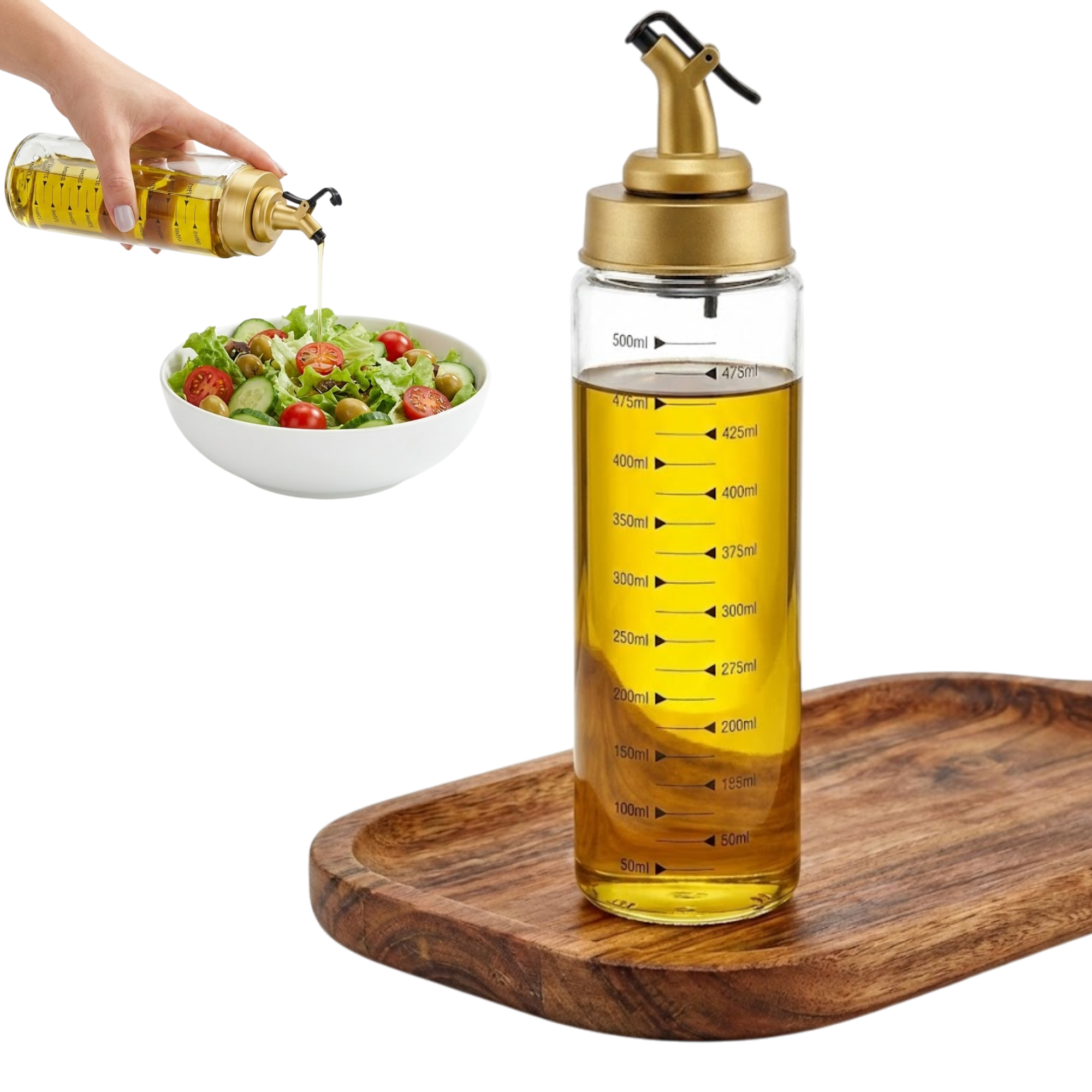 Oliviera multifunctionala Koken, capac plastic anti-picurare, 500 ml cu gradatie, Sticlă de ulei, Ulei, Otet Balsamic sau alte Lichide, Transparent/Auriu