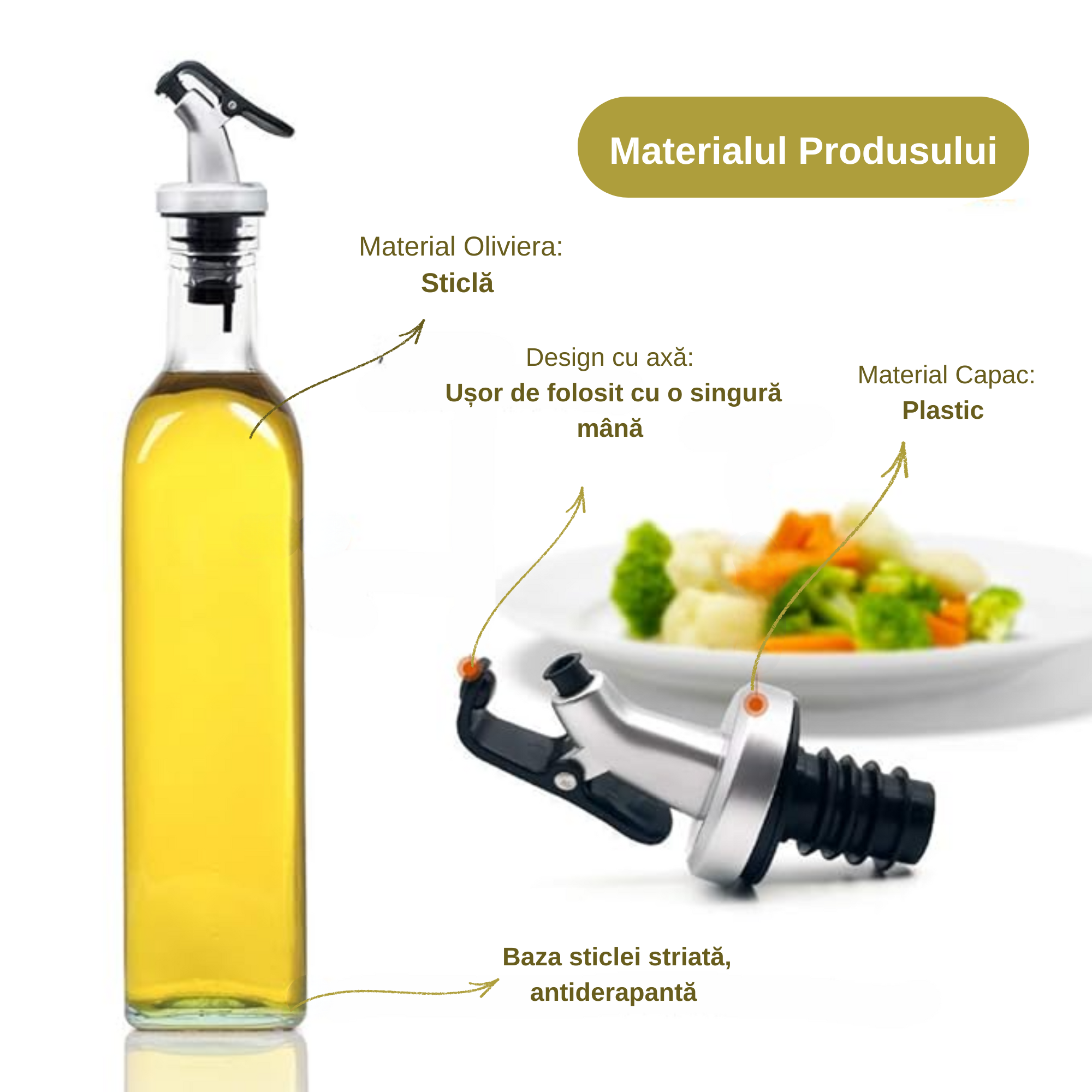 Set 2 Oliviere si 2 Recipiente sticla pentru Condimente Koken, Suport Bambus, capac plastic anti-picurare, Ulei, Otet Balsamic sau alte Lichide,