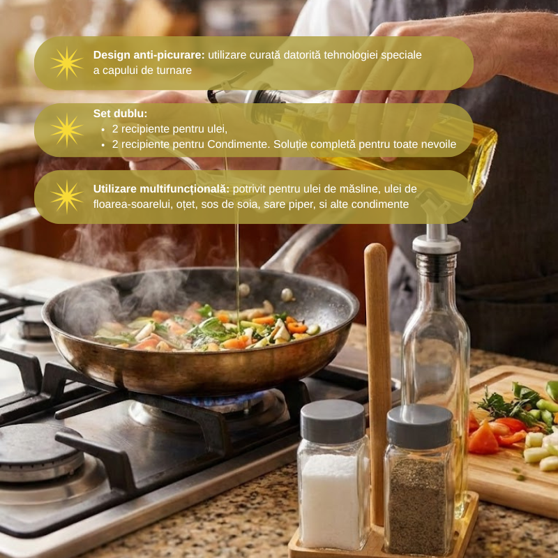 Set 2 Oliviere si 2 Recipiente sticla pentru Condimente Koken, Suport Bambus, capac plastic anti-picurare, Ulei, Otet Balsamic sau alte Lichide,