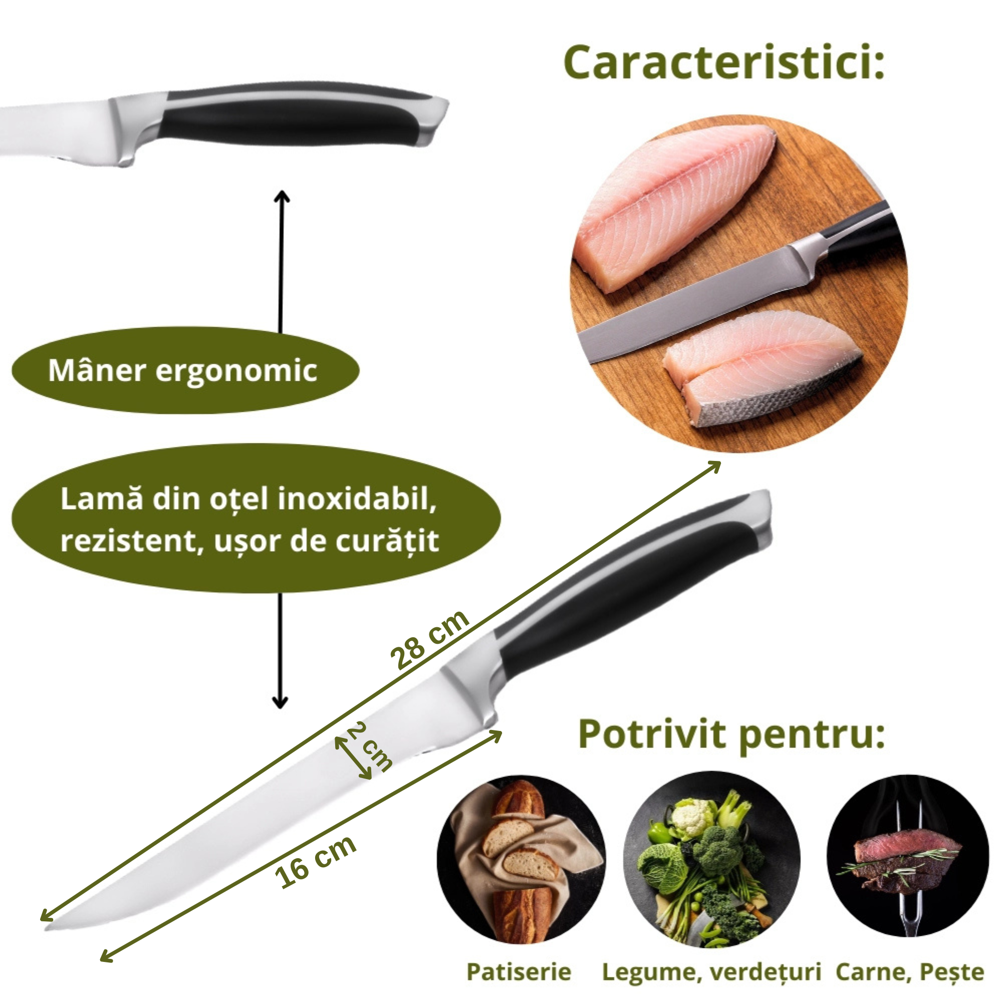 Cutit pentru bucatarie Koken, lama din otel inoxidabil de inalta calitate 16 cm, maner ergonomic antiderapant, taiere precisa si rezistenta indelungata, carne, peste