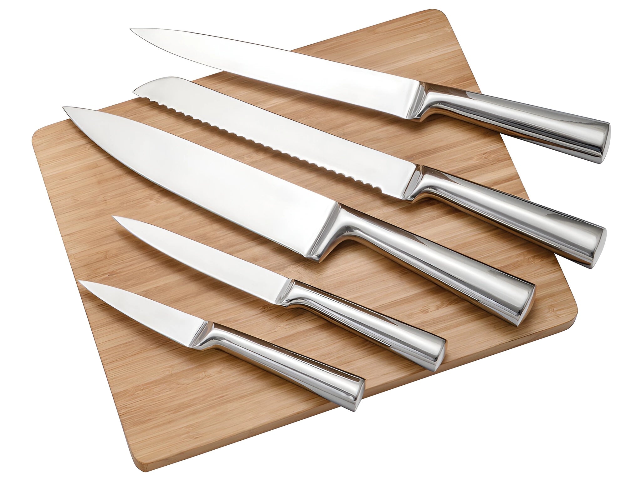 Set universal 5 cutite otel inoxidabil pentru bucatarie Koken cu suport si tocator din bambus, ultra-ascutite, 7 piese