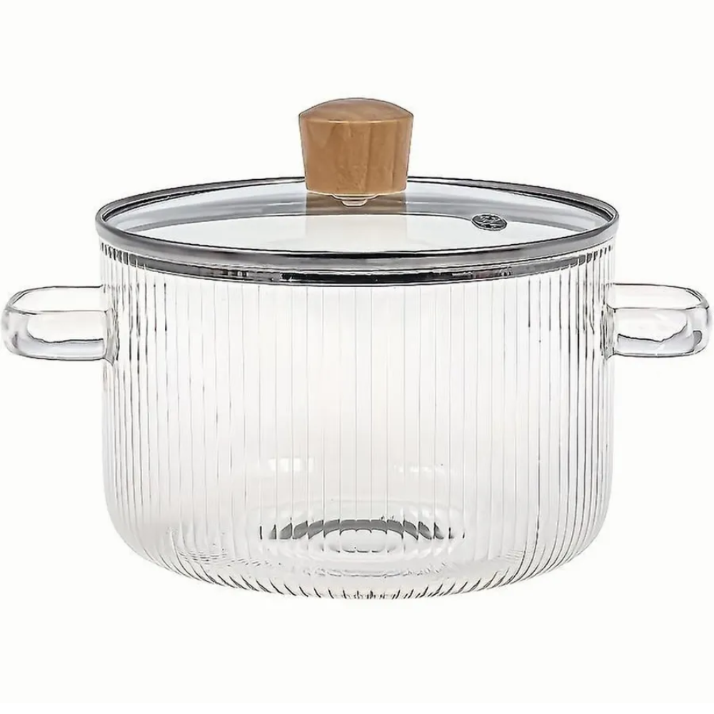 2L Borosilicate Glass Pot for Gas Stove, with Lid and Koken Handles, Heat Resistance 130 °C, Durable Saucepan, Transparent Glass/Wood