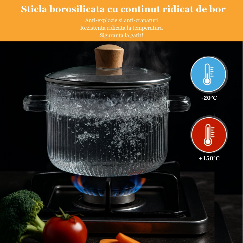 2L Borosilicate Glass Pot for Gas Stove, with Lid and Koken Handles, Heat Resistance 130 °C, Durable Saucepan, Transparent Glass/Wood