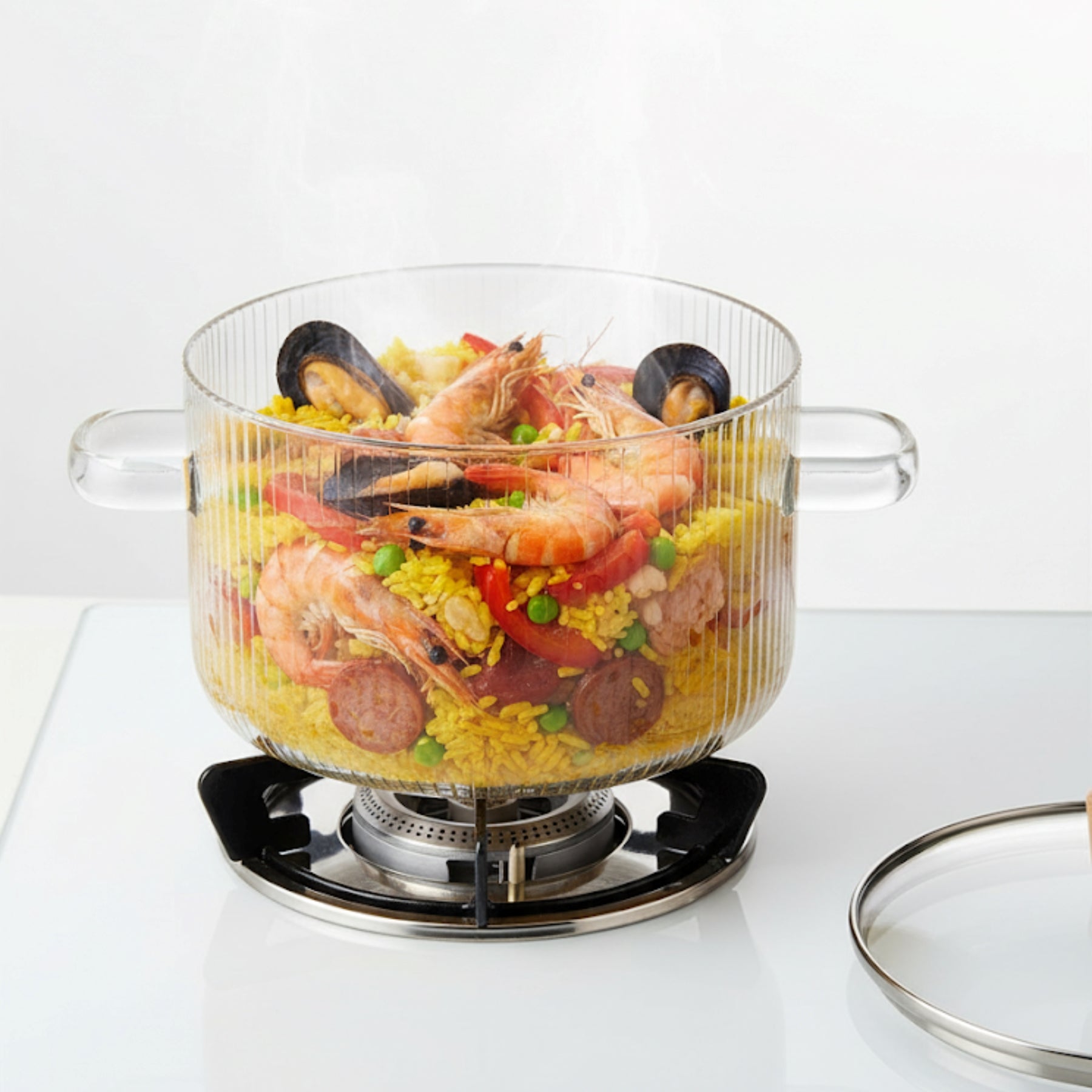 2L Borosilicate Glass Pot for Gas Stove, with Lid and Koken Handles, Heat Resistance 130 °C, Durable Saucepan, Transparent Glass/Wood