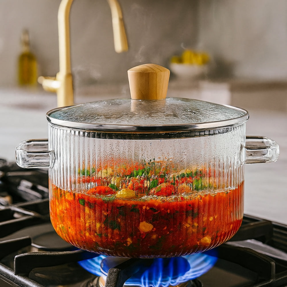 2L Borosilicate Glass Pot for Gas Stove, with Lid and Koken Handles, Heat Resistance 130 °C, Durable Saucepan, Transparent Glass/Wood