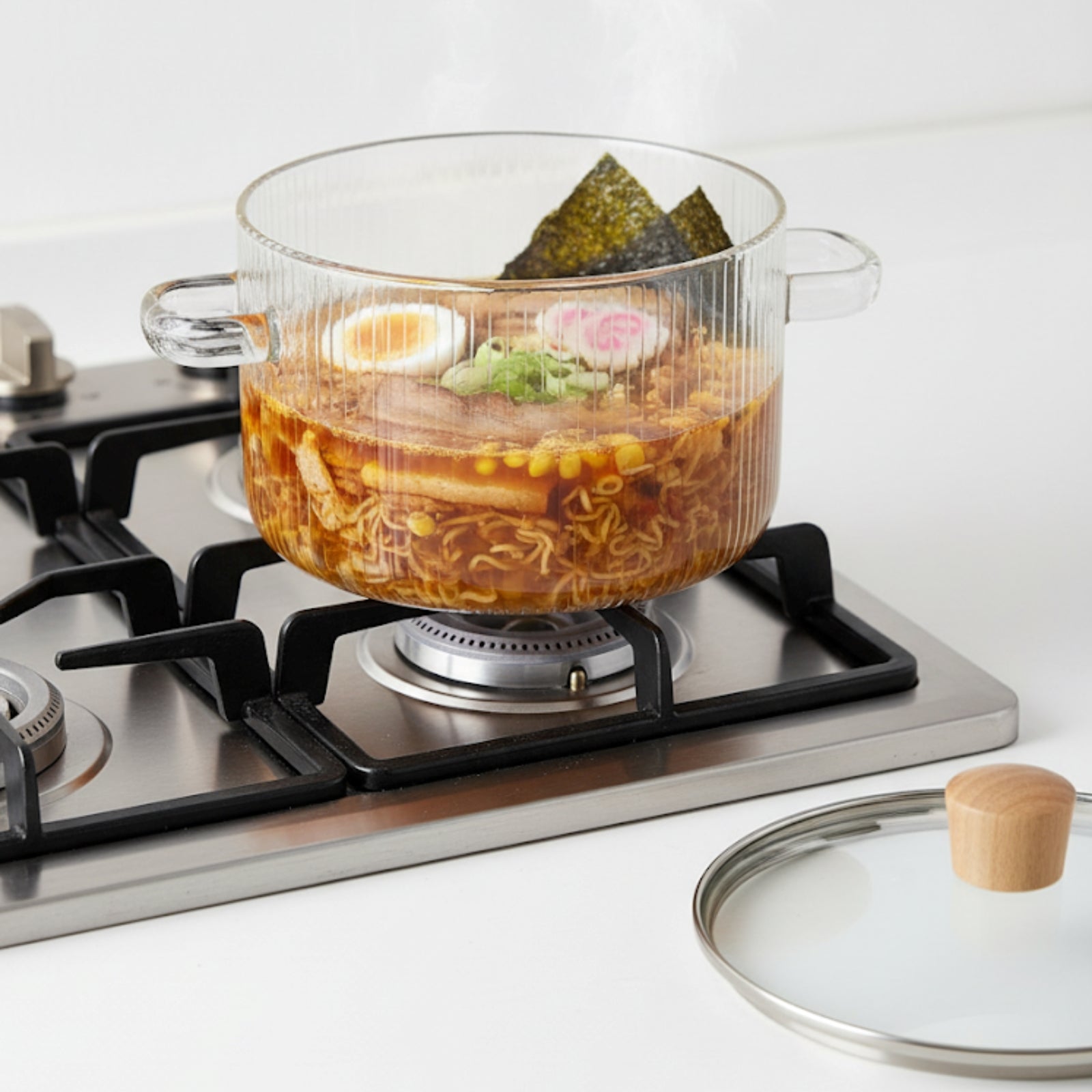 2L Borosilicate Glass Pot for Gas Stove, with Lid and Koken Handles, Heat Resistance 130 °C, Durable Saucepan, Transparent Glass/Wood