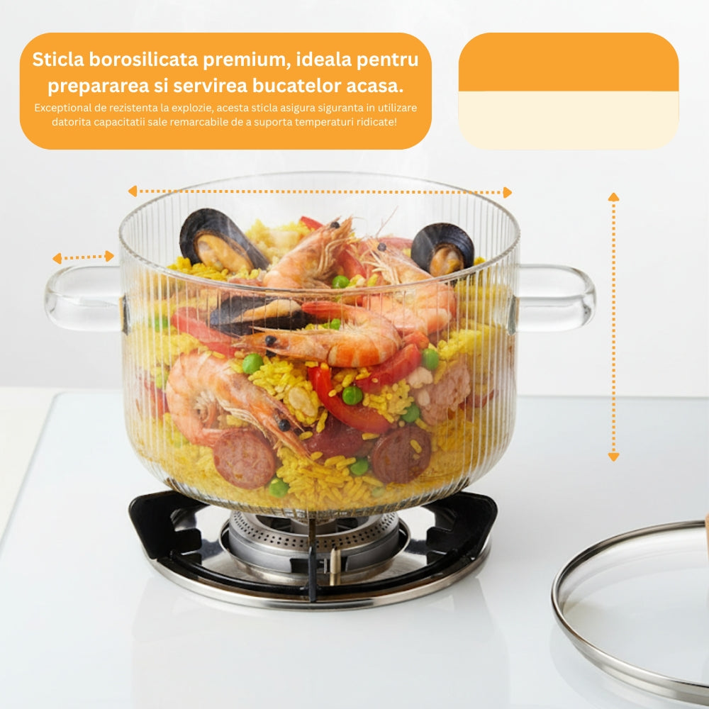 2L Borosilicate Glass Pot for Gas Stove, with Lid and Koken Handles, Heat Resistance 130 °C, Durable Saucepan, Transparent Glass/Wood