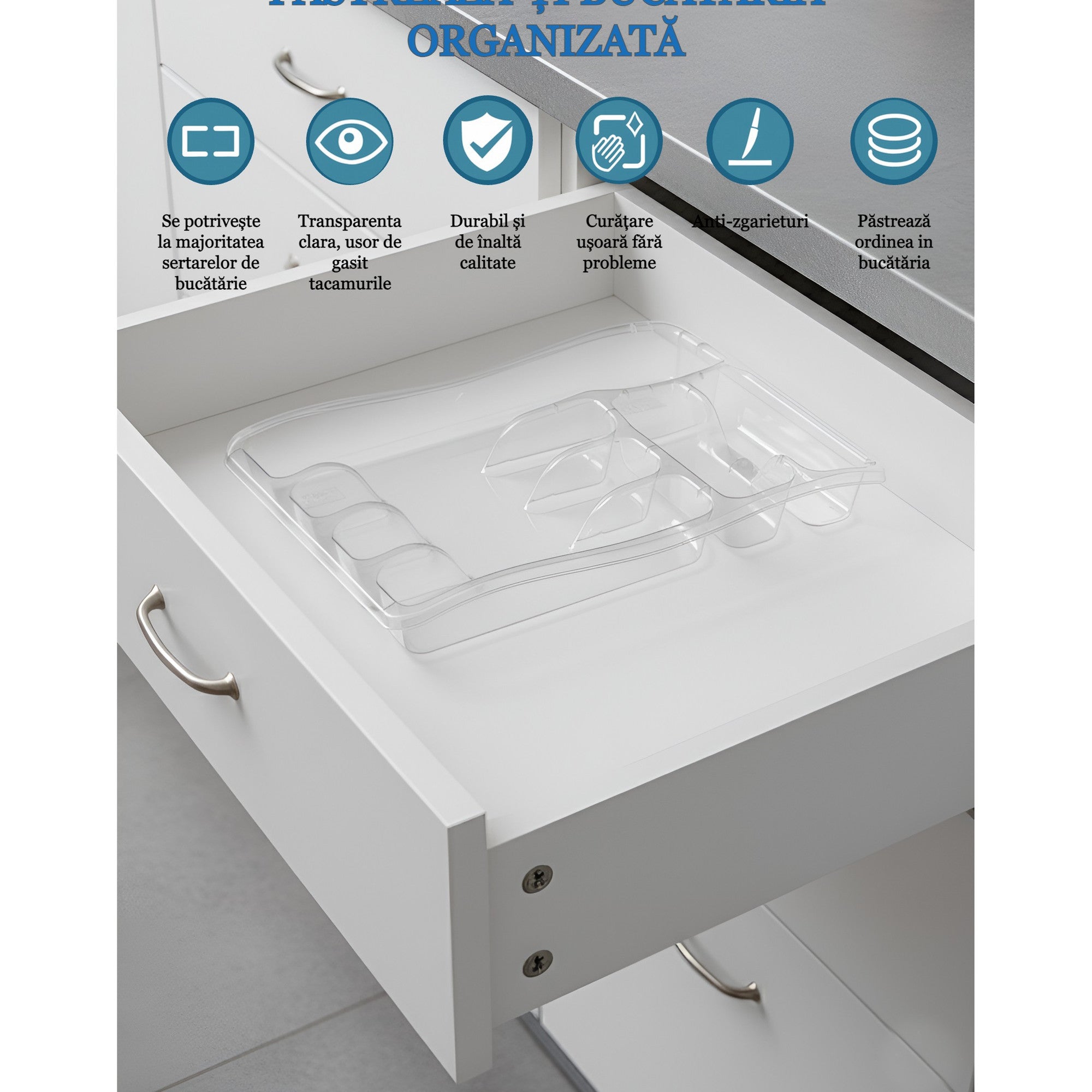 Organizator tacamuri gol intr-un sertar alb de bucatarie. Din cauza ca e transparent organizatorul se priveste foarte organizat si frumos.