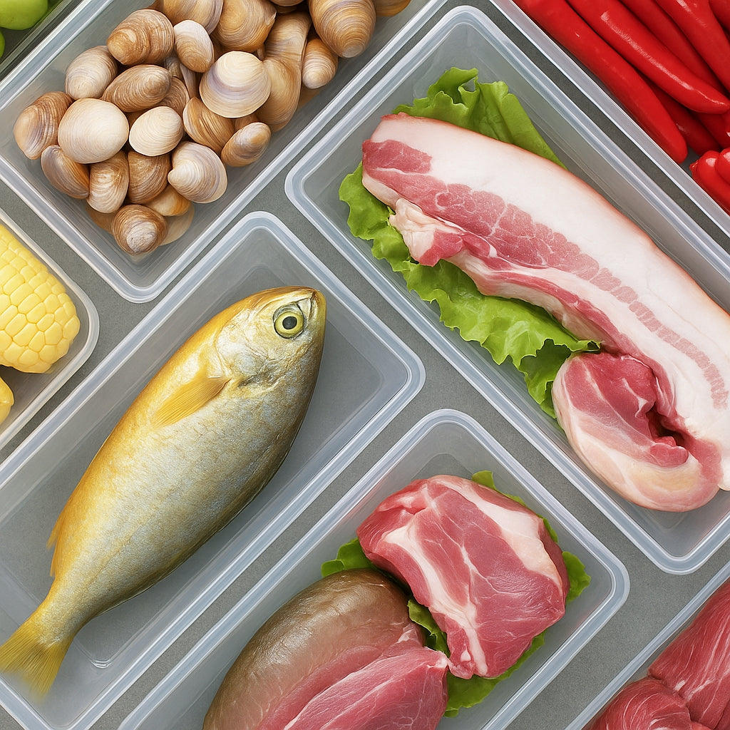 Mai multe organizatoare din plastic pentru frigider Koken cu alimente diferite in interior.