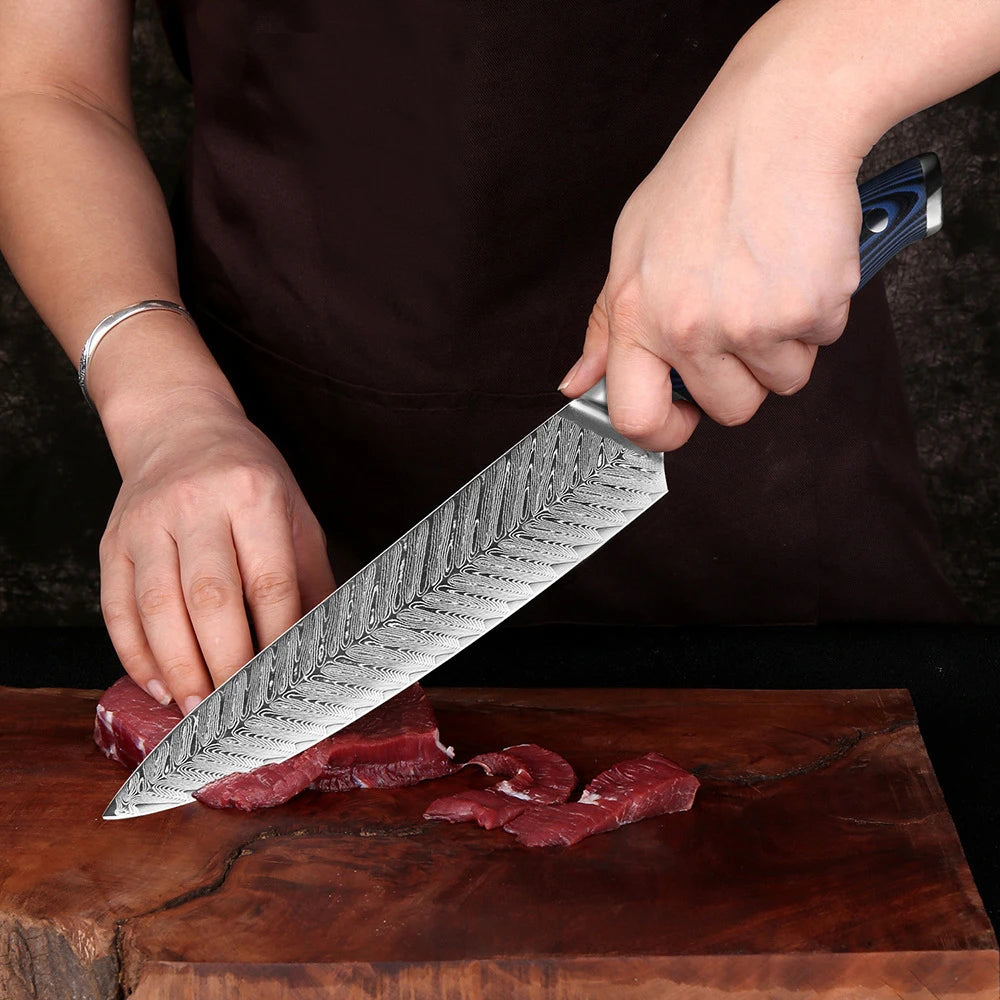 Cutitul bucatarului profesional - Full Tang, Lama Ascutita din Otel inoxidabil 21 cm, model Damasc Koken, Duritatea ridicata 57±HRC, Taiere precisa pentru carne, legume si fructe, Rezistent la coroziune, Maner ergonomic lemn, 34, 5 cm