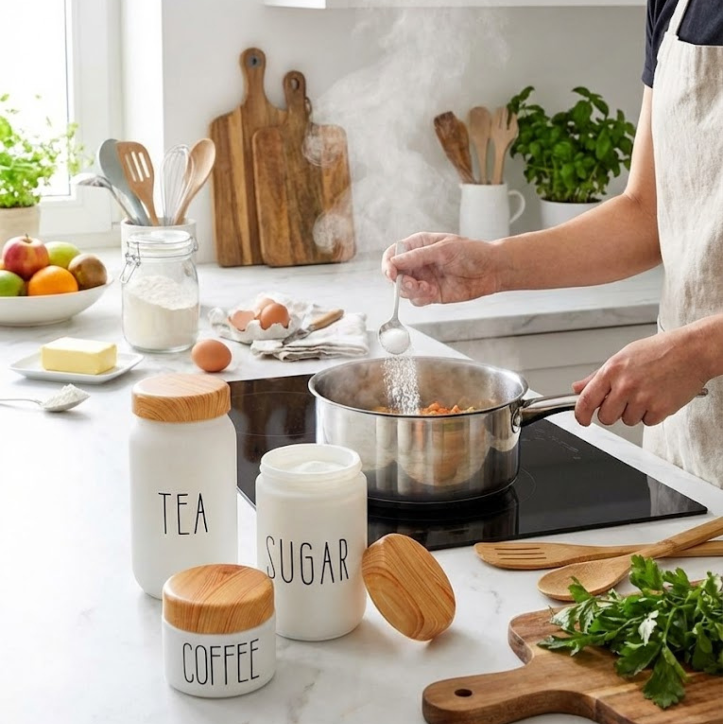 Set 3 Recipiente sticla cu capac de plastic fara BPA, Koken, Borcane inscriptionate cu SUGAR, TEA COFFEE, Alb