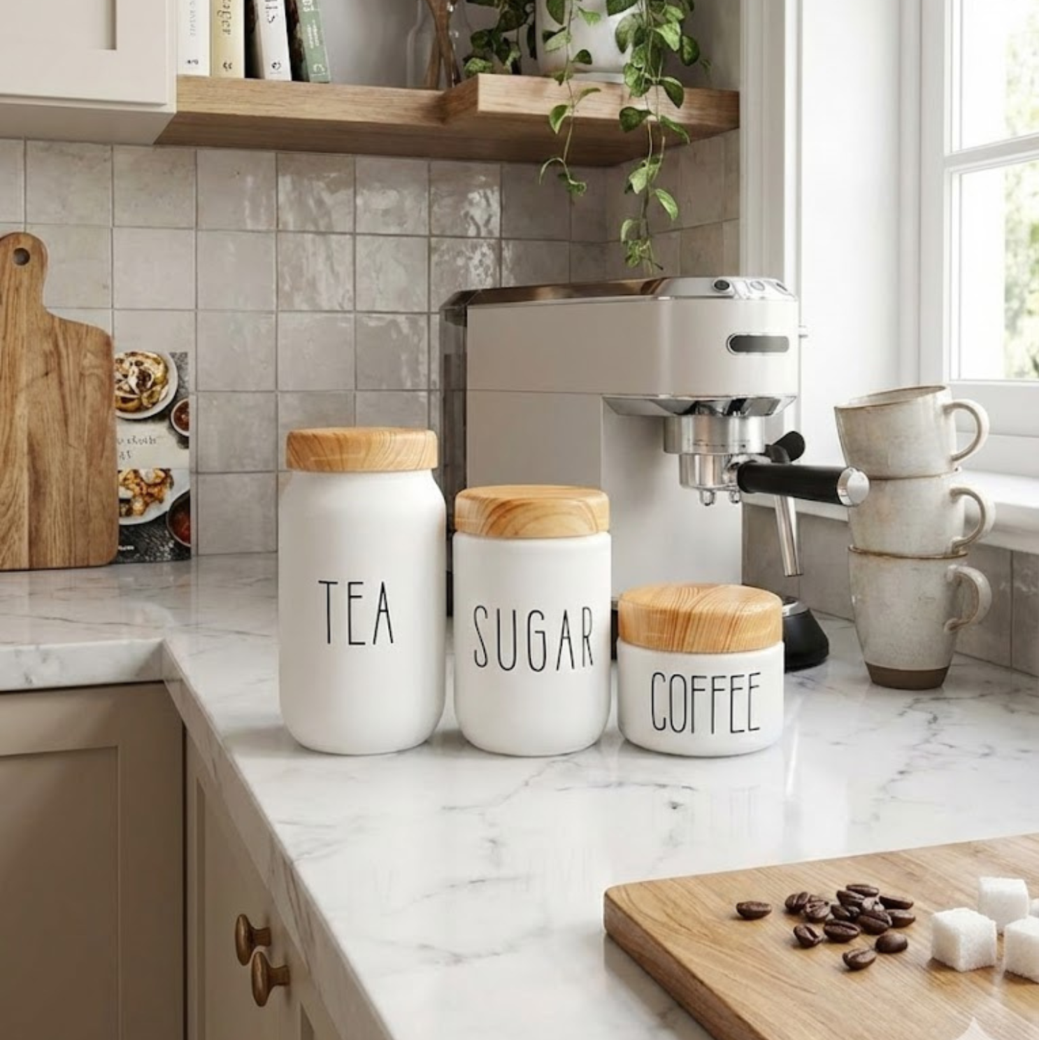 Set 3 Recipiente sticla cu capac de plastic fara BPA, Koken, Borcane inscriptionate cu SUGAR, TEA COFFEE, Alb