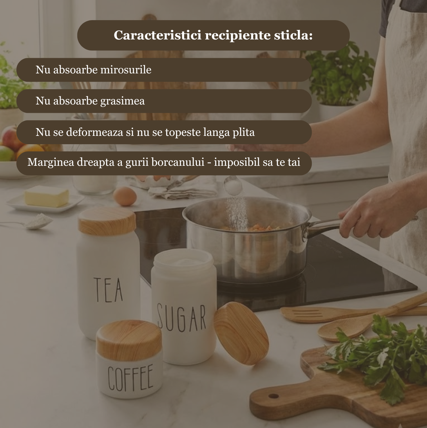 Set 3 Recipiente sticla cu capac de plastic fara BPA, Koken, Borcane inscriptionate cu SUGAR, TEA COFFEE, Alb