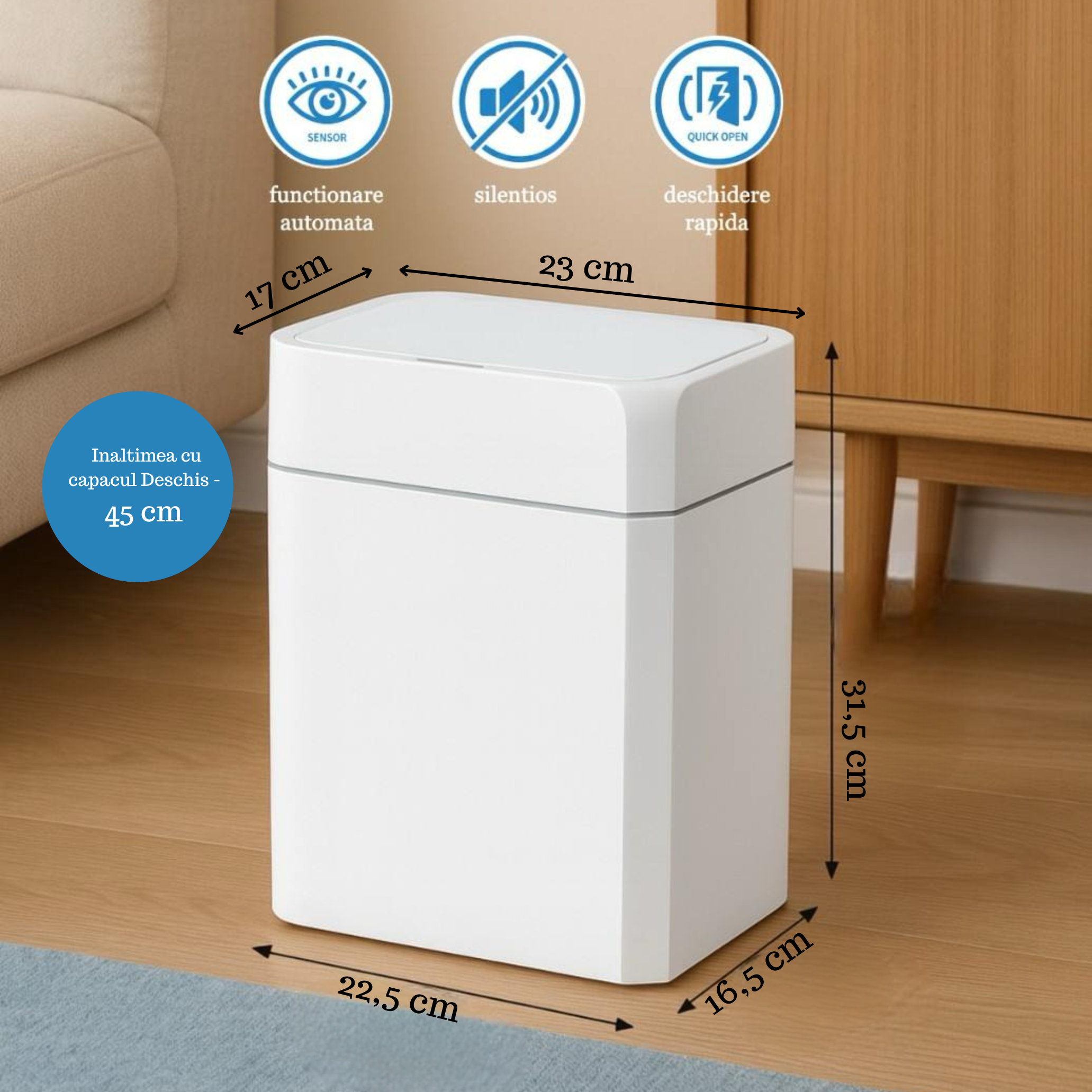 Cos de gunoi 12 L, cu senzor de miscare infrarosu Koken, Cos gunoi bucatarie, capac automat anti-miros, silentios, Rezistent la apa IPX5, Design elegant, 31,5 x 16,5 x 22,5cm, Alb