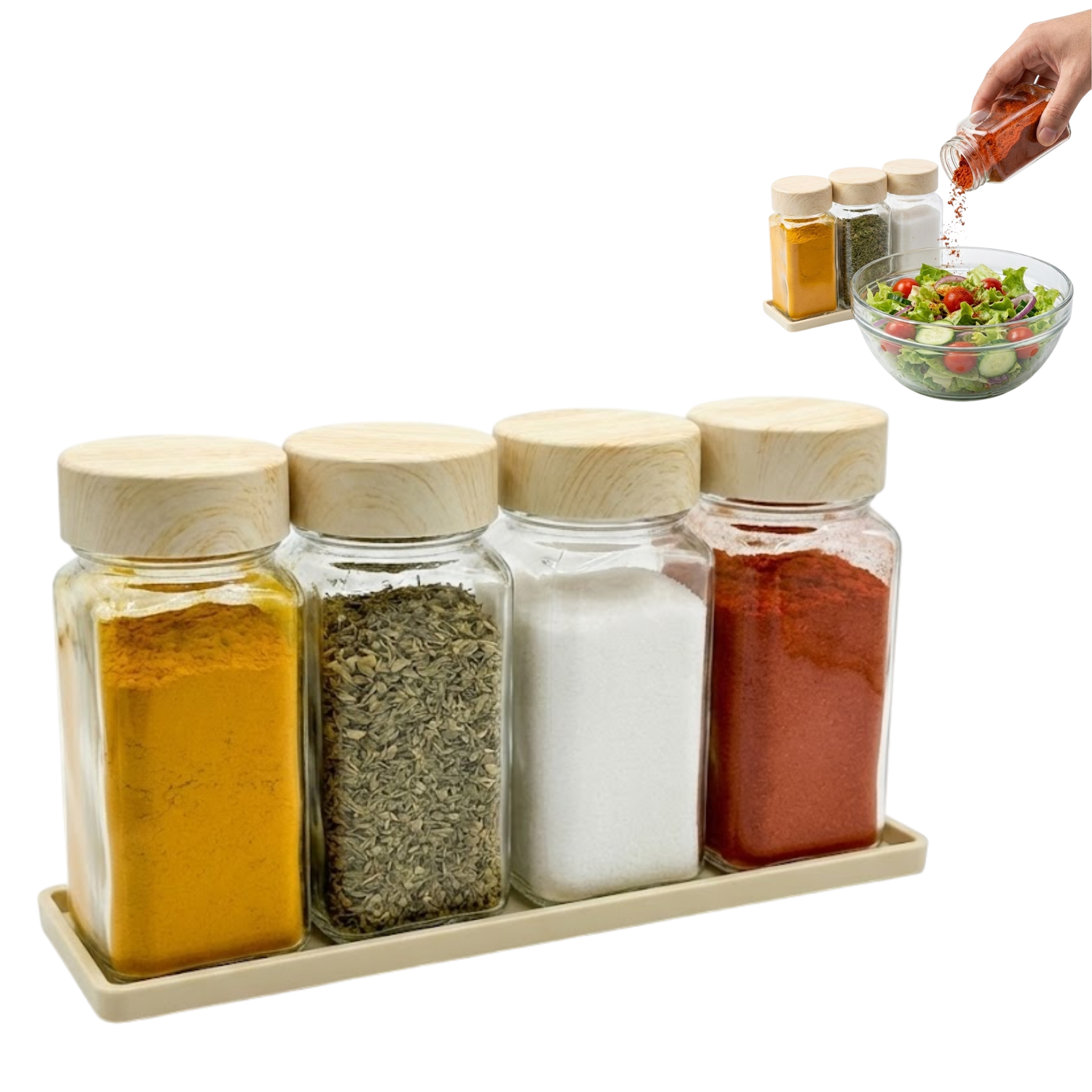 Set 4 Recipiente Organizatoare Condimente din Sticla, Capac plastic alimentar, suport plastic, Borcane Bucatarie, Fara BPA, Transparente