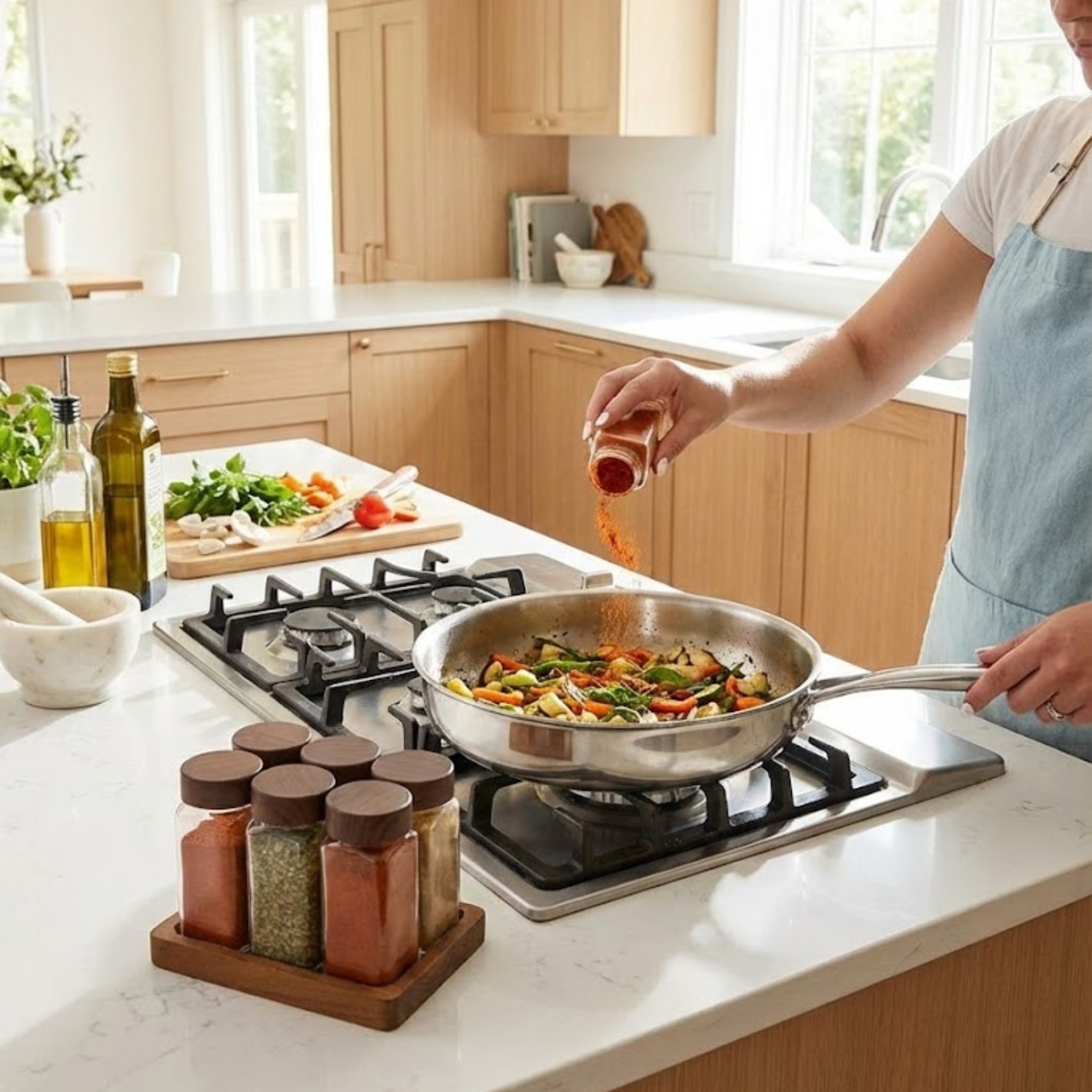 Set 6 Recipiente Organizatoare Condimente din Sticla, Capac plastic alimentar, suport Bambus, Borcane Bucatarie, Fara BPA, Transparente