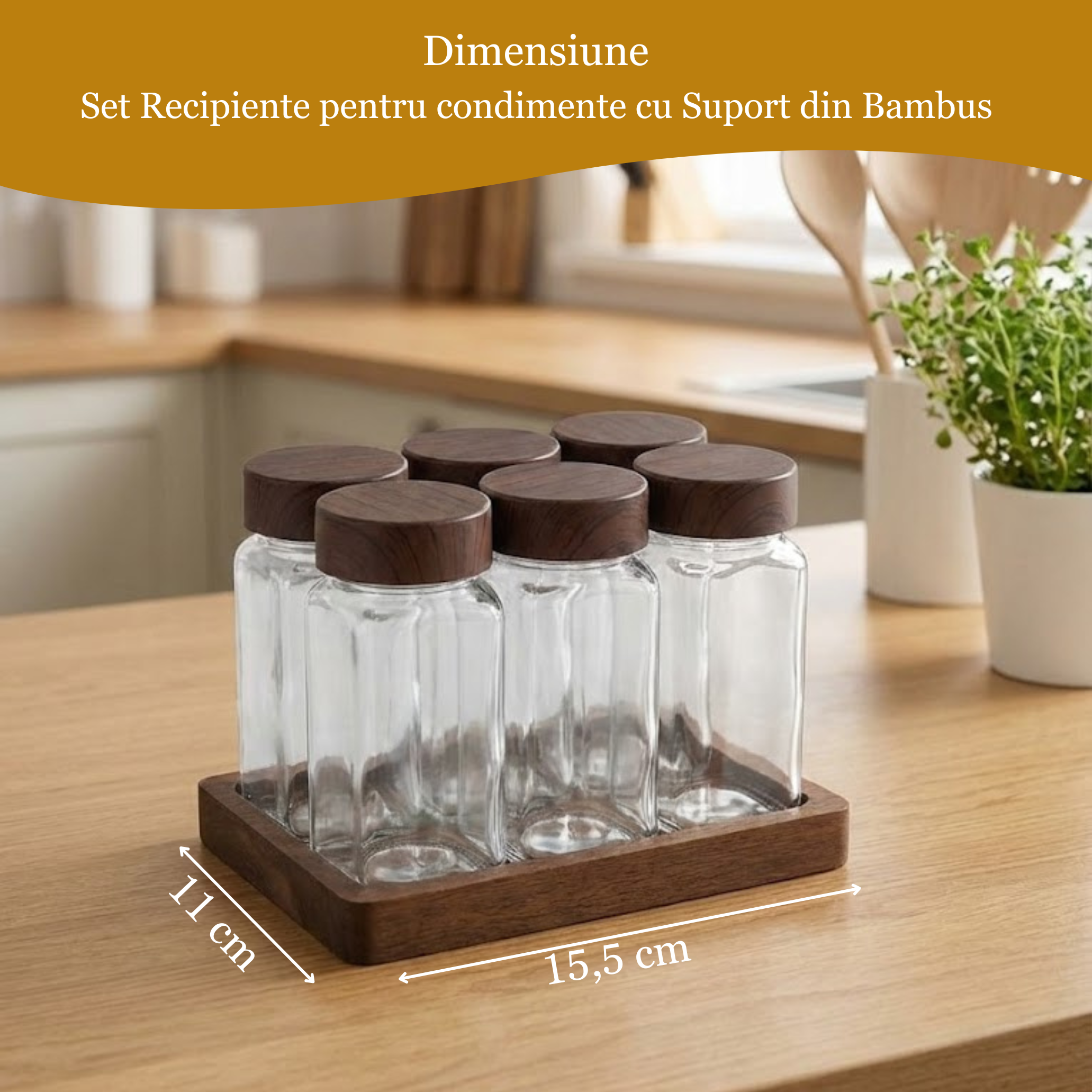 Set 6 Recipiente Organizatoare Condimente din Sticla, Capac plastic alimentar, suport Bambus, Borcane Bucatarie, Fara BPA, Transparente
