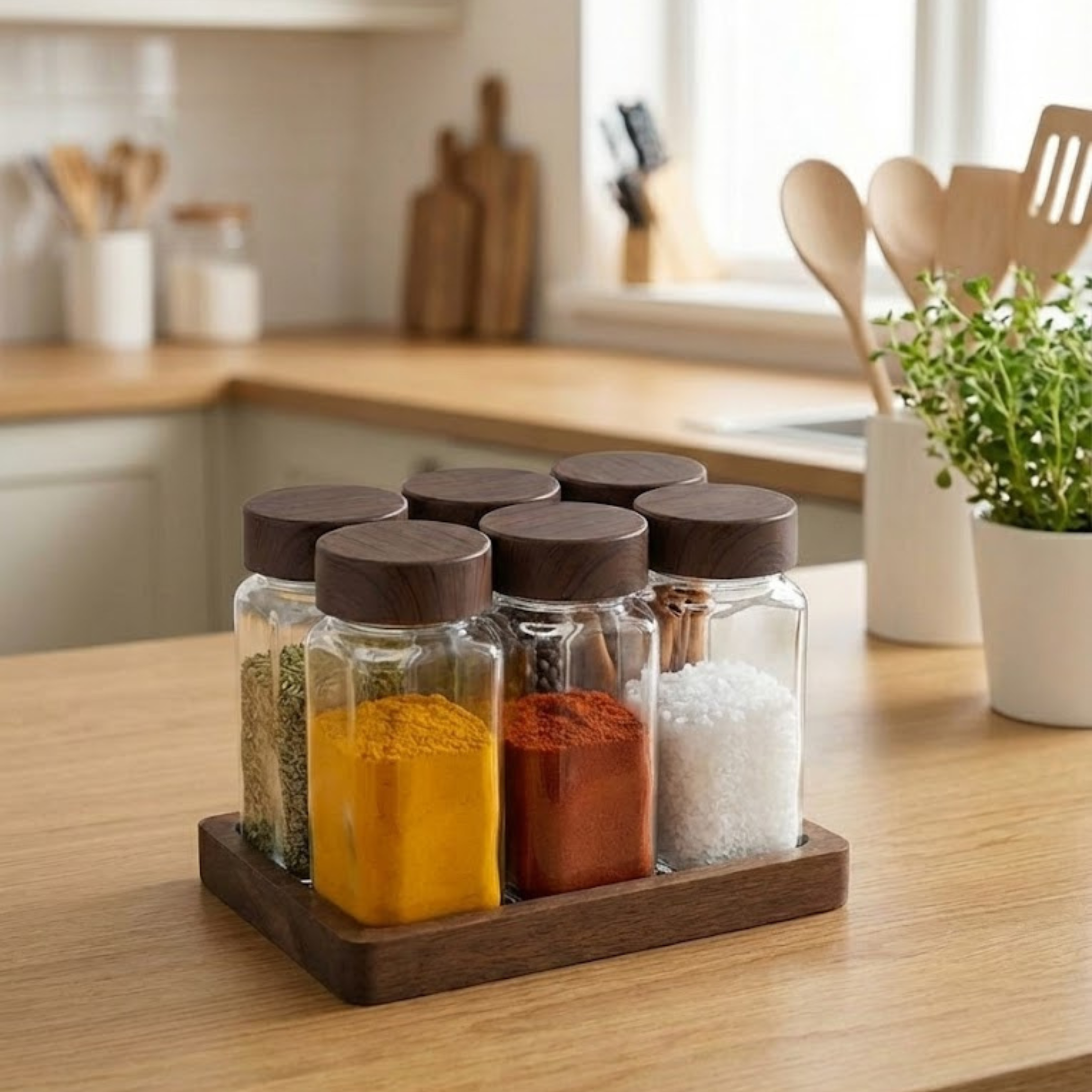 Set 6 Recipiente Organizatoare Condimente din Sticla, Capac plastic alimentar, suport Bambus, Borcane Bucatarie, Fara BPA, Transparente