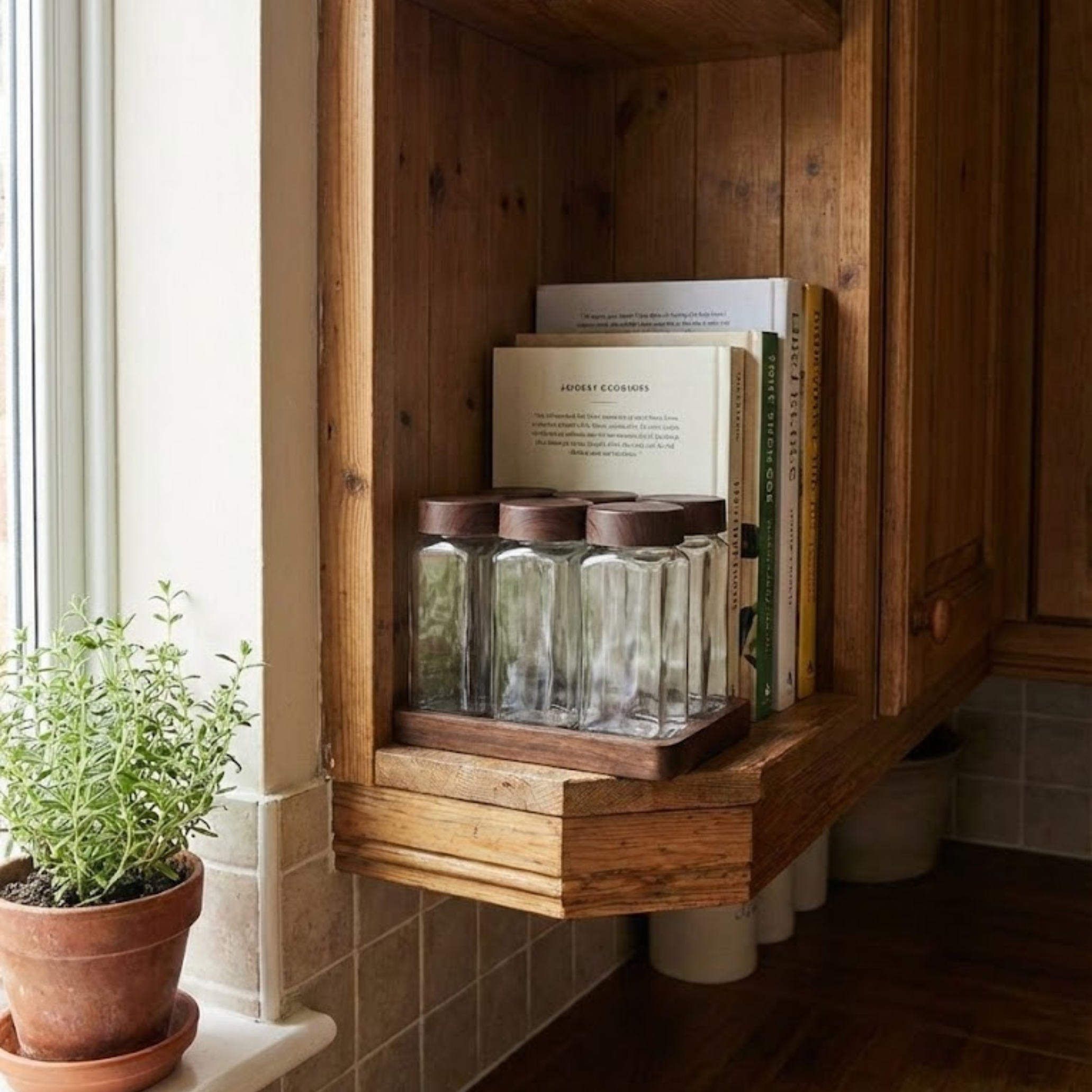 Set 6 Recipiente Organizatoare Condimente din Sticla, Capac plastic alimentar, suport Bambus, Borcane Bucatarie, Fara BPA, Transparente