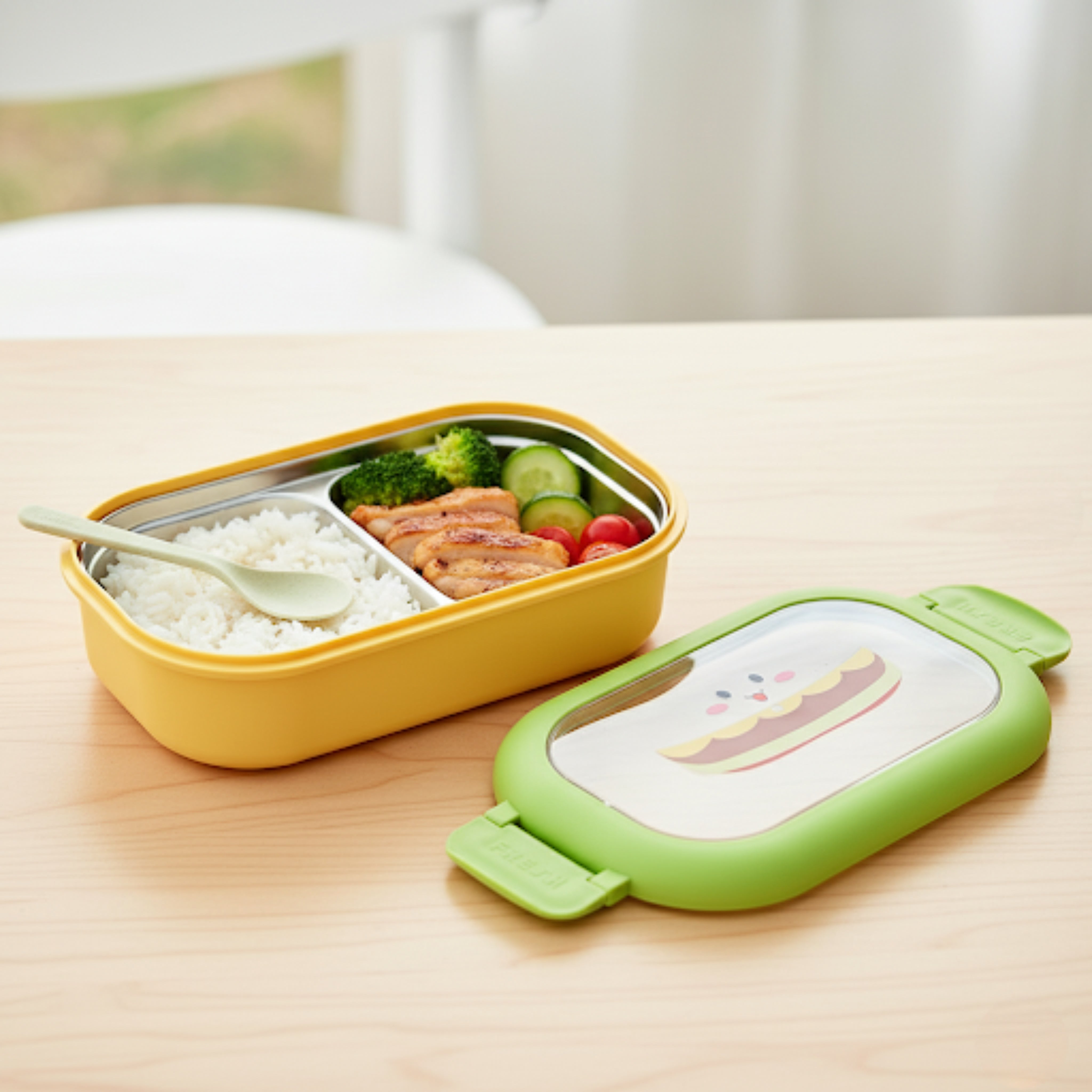 Cutie pentru pranz Koken, Lunch Inox, Caserola copii scoala cu 2 Compartimente, Lingura inclusa, Verde