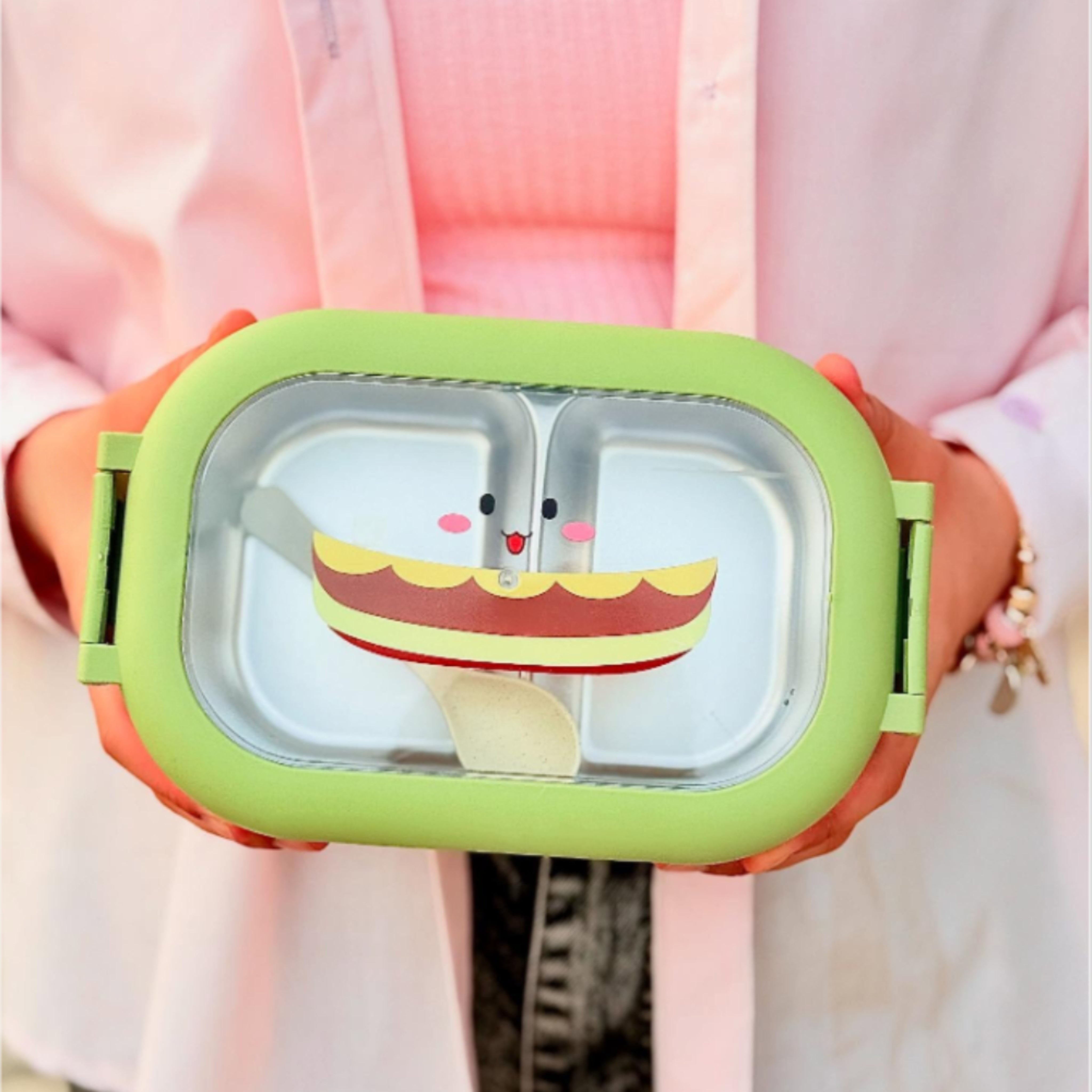 Cutie pentru pranz Koken, Lunch Inox, Caserola copii scoala cu 2 Compartimente, Lingura inclusa, Verde