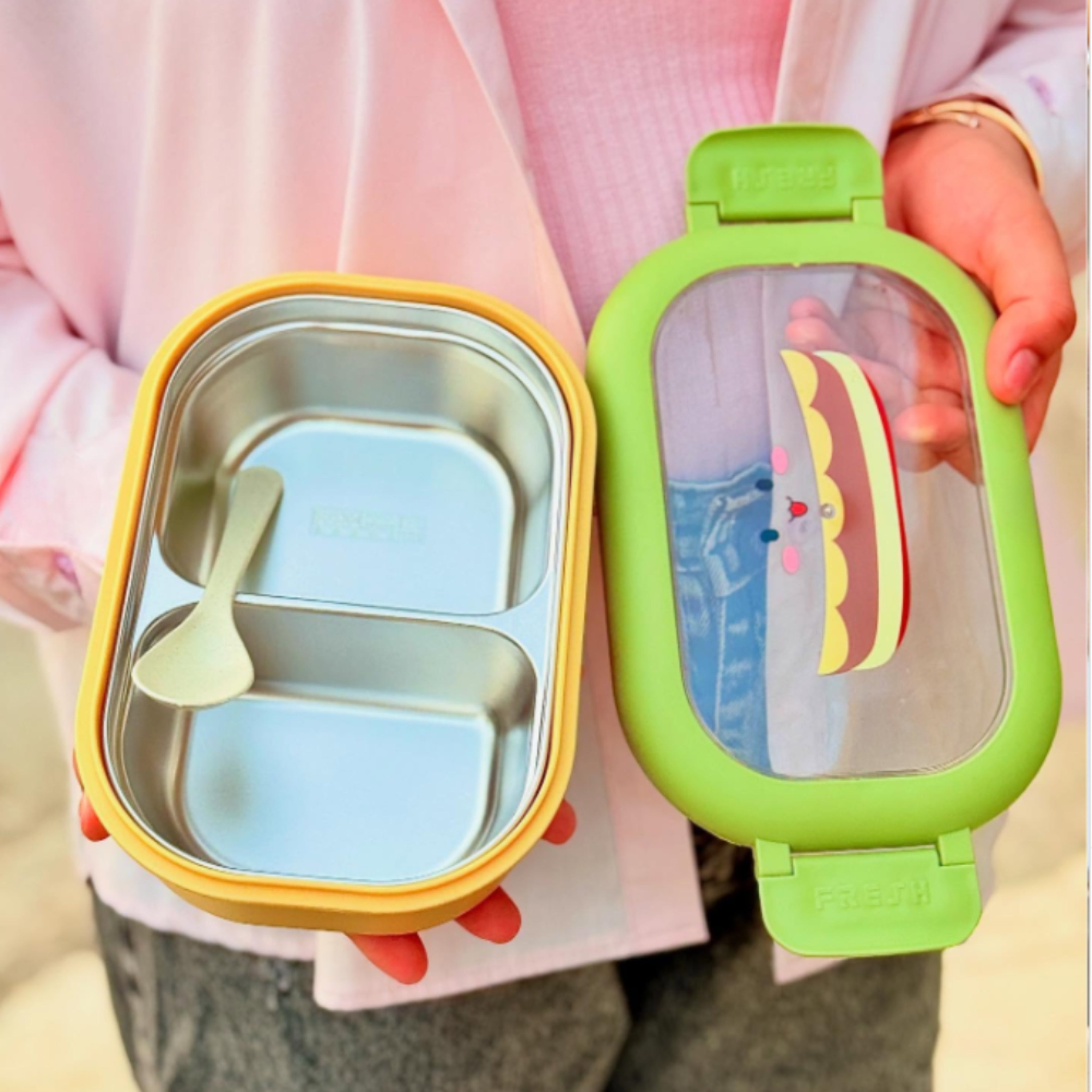 Cutie pentru pranz Koken, Lunch Inox, Caserola copii scoala cu 2 Compartimente, Lingura inclusa, Verde