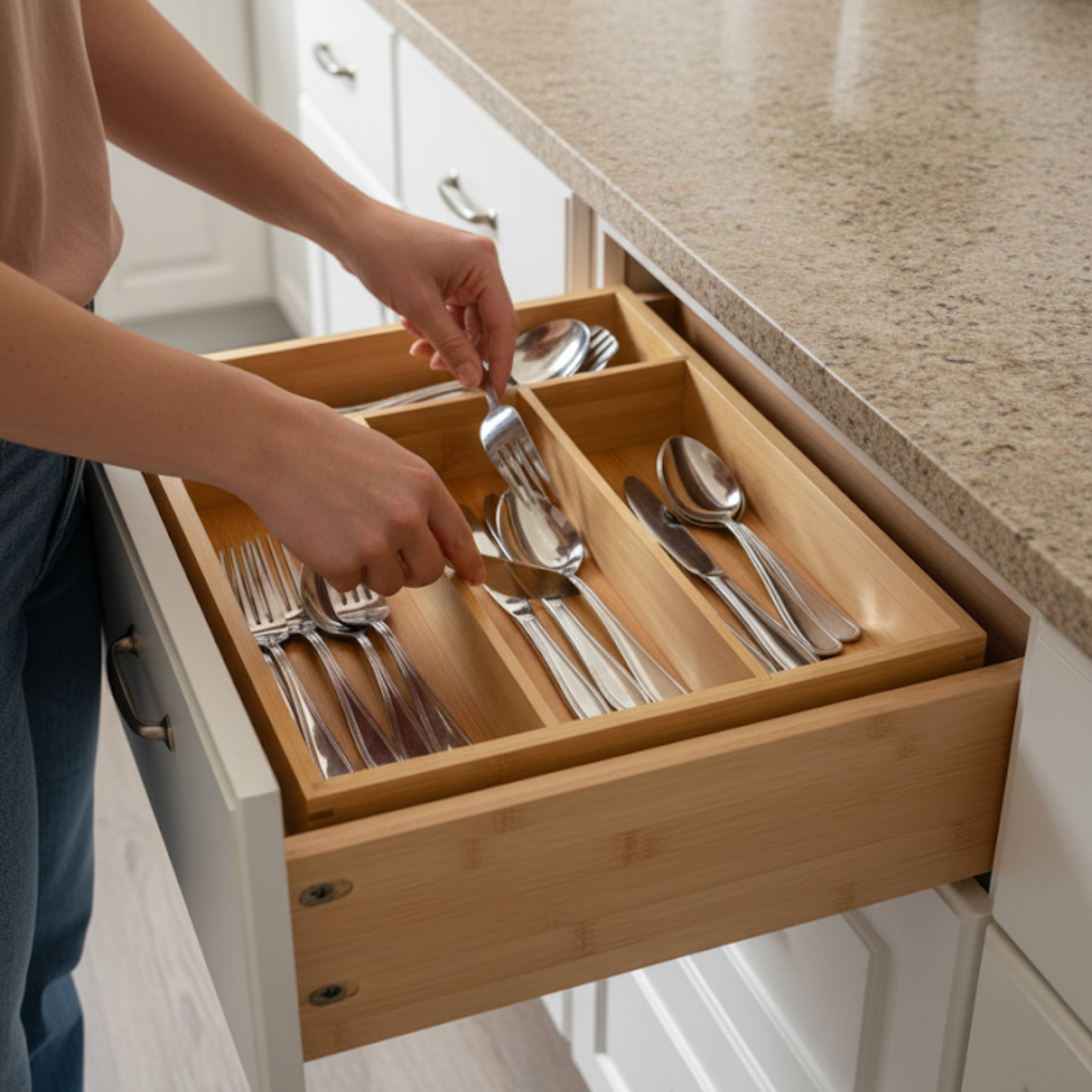 Suport tacamuri, ustensile de Bucatarie Koken, 4 compartimente, organizator multifunctional pentru sertar, Spatios, material durabil, usor de curatat, compact, design modern, 33x25x 4,3 cm, Lemn