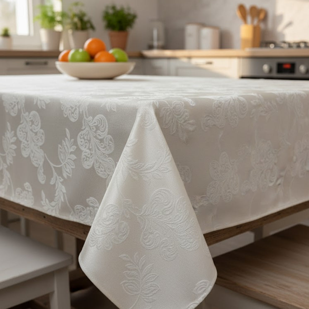 Față de masă 180x140cm dreptunghiulară impermeabilă cu 6 șervetele 40x40cm Koken, 100% Bumbac, Reutilizabila, Fara decolorare, Usor de curatat, Potrivit pentru bucatarie, sufragerie, Alb