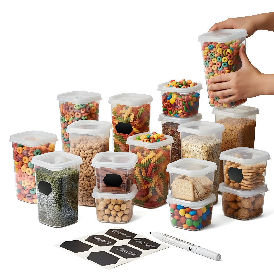 Set 12/18 Recipiente de depozitare alimente, etanșe, Koken cutie depozitare cu capac, plastic fără BPA, organizator alimente, rezistent rece/fierbinte, 0.6L, 1.2L, 1.75L, Transparent