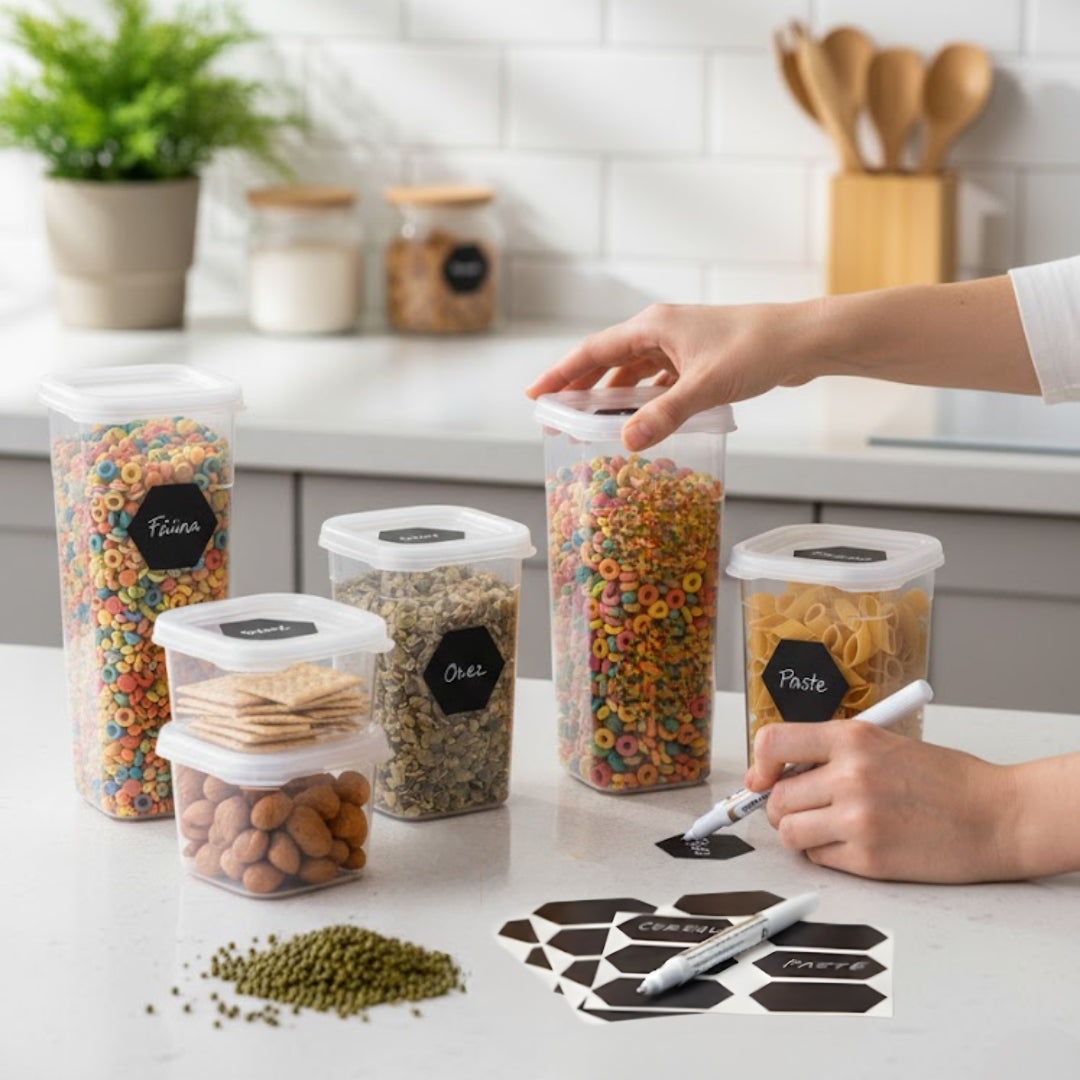 Set 7/9 Recipiente de depozitare alimente, etanșe, Koken cutie depozitare cu capac, plastic fără BPA, organizator alimente, rezistent rece/fierbinte, 0.6L, 1.2L, 1.75L, Transparente