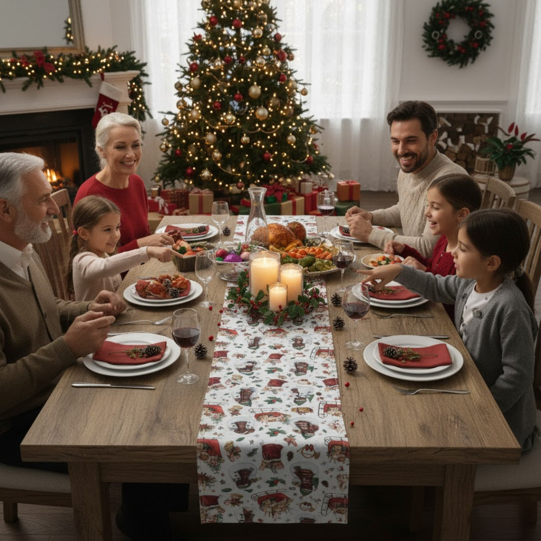 Traversa de masa 180x40cm, din bumbac, Koken, Impermiabila, fata de masa imprimeu Craciun 3D, Rezistenta la pete si murdarie