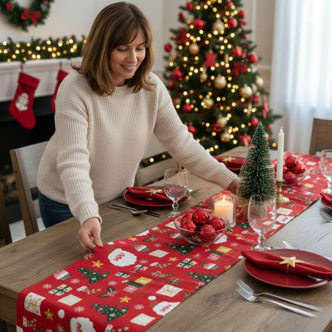 Traversa de masa 180x40cm, din bumbac, Koken, Impermiabila, fata de masa imprimeu Craciun 3D, Rezistenta la pete si murdarie, Rosie