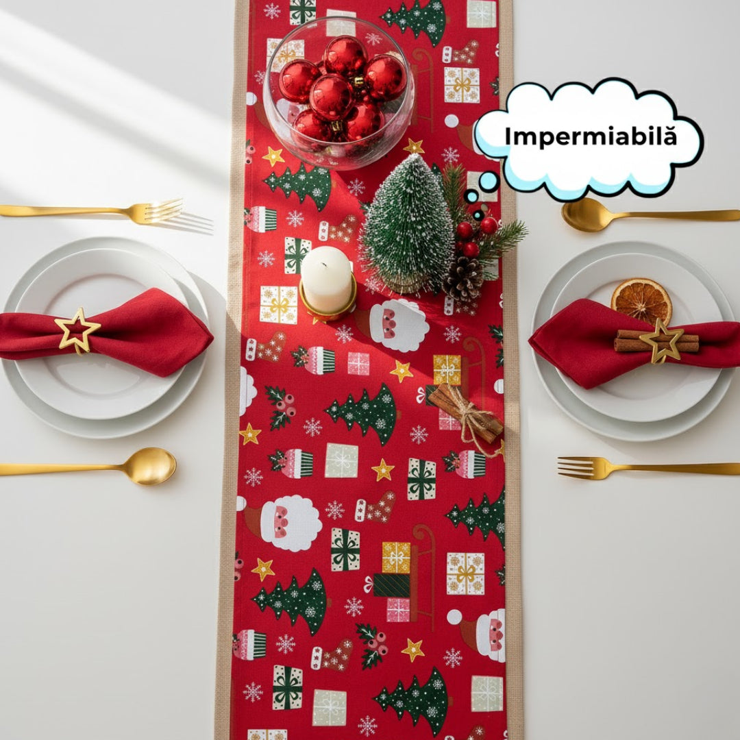 Traversa de masa 180x40cm, din bumbac, Koken, Impermiabila, fata de masa imprimeu Craciun 3D, Rezistenta la pete si murdarie, Rosie