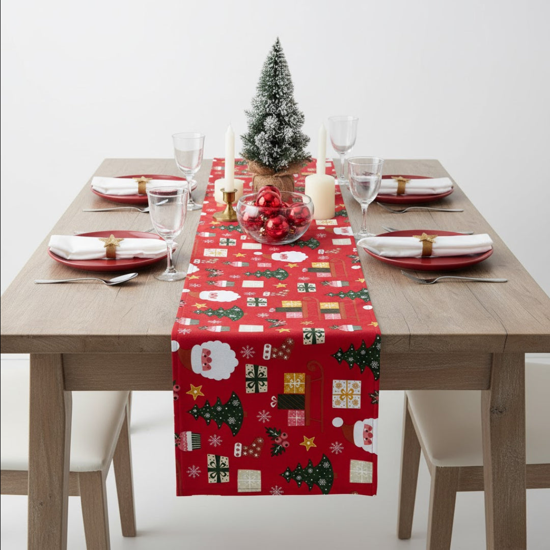 Traversa de masa 180x40cm, din bumbac, Koken, Impermiabila, fata de masa imprimeu Craciun 3D, Rezistenta la pete si murdarie, Rosie