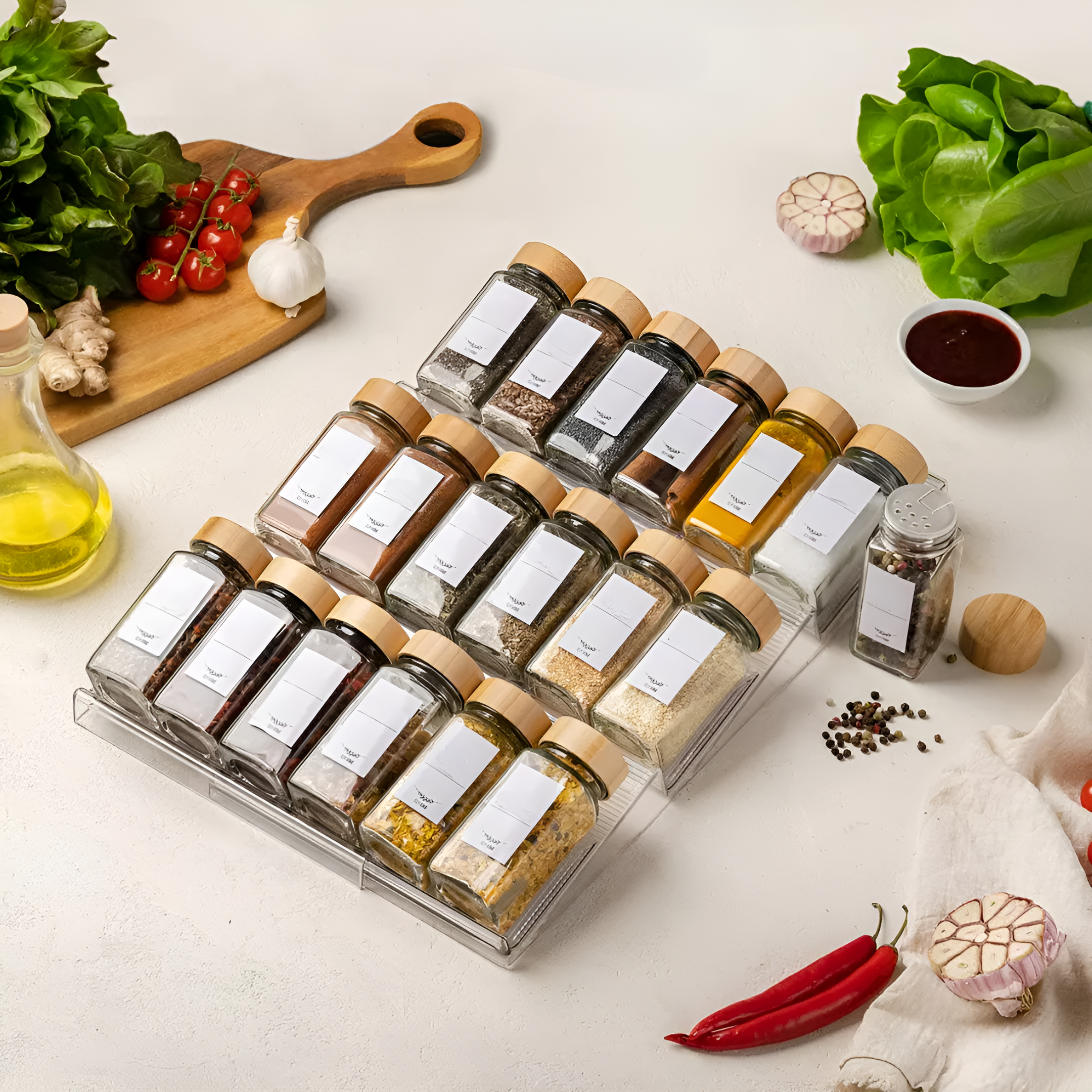 Set recipiente condimente 24 sticlute cu capace de dozaj de 120 ml, perie, palnie, etichete si marker, capac etans din bambus, Transparent