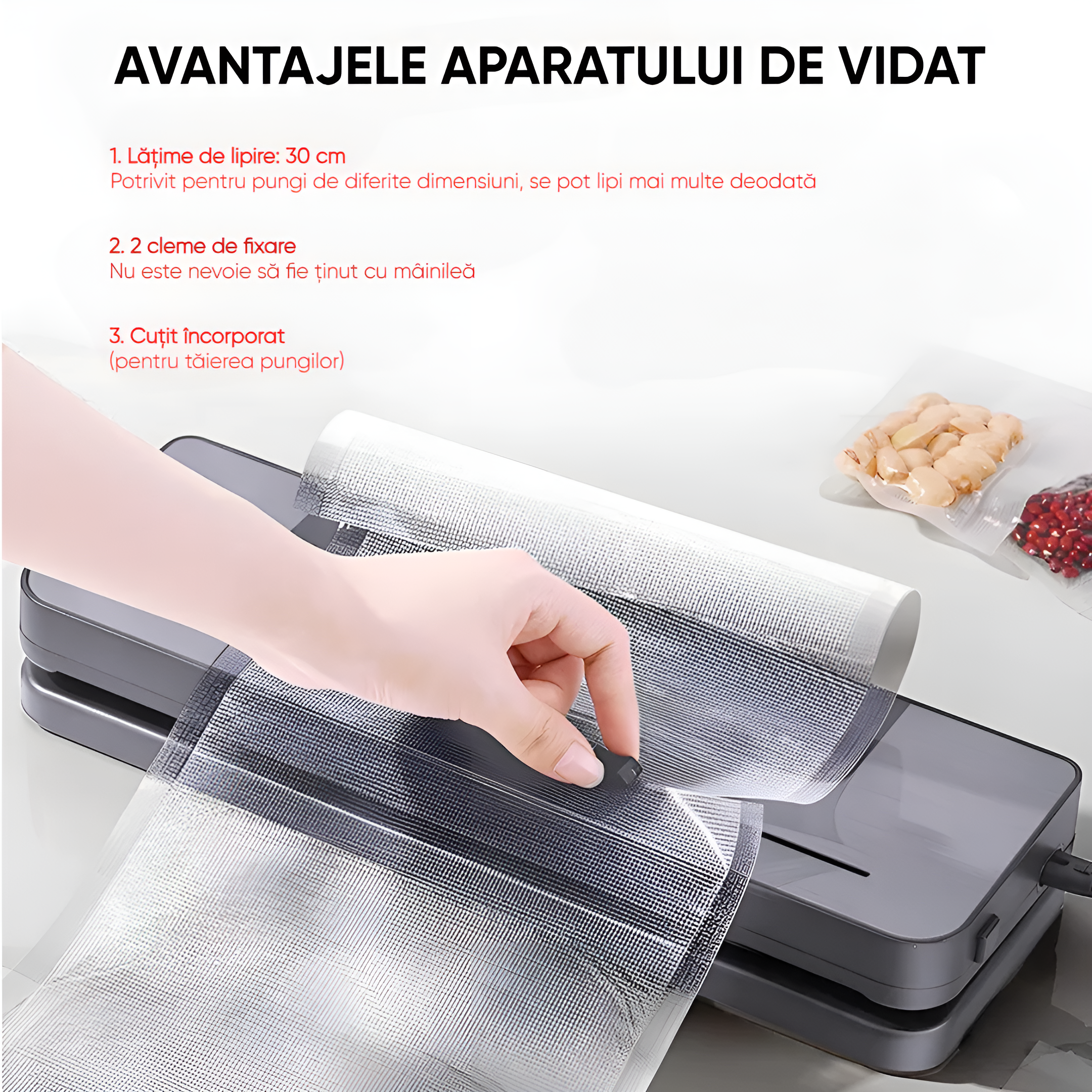 Aparat Profesional de Vidat si Sigilat alimente Koken, Functionare cu o singura atingere, Timp de etansare 10-15 s, bara de lipire 30 cm, Negru/Gri + 20 Pungi Gofrate Cadou