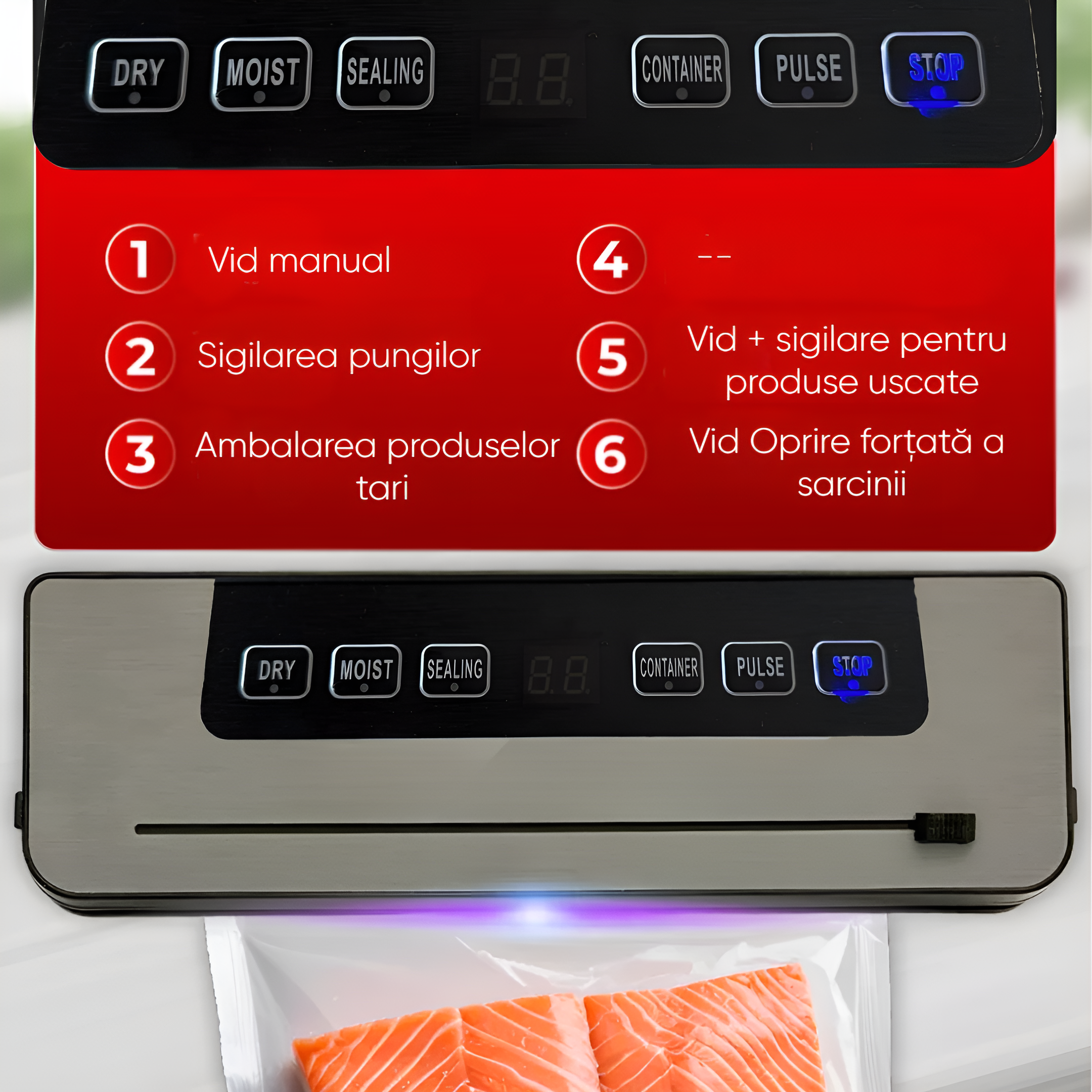 Aparat Profesional de Vidat si Sigilat alimente Koken, Functionare cu o singura atingere, Timp de etansare 10-15 s, bara de lipire 30 cm, Negru/Gri + 20 Pungi Gofrate Cadou