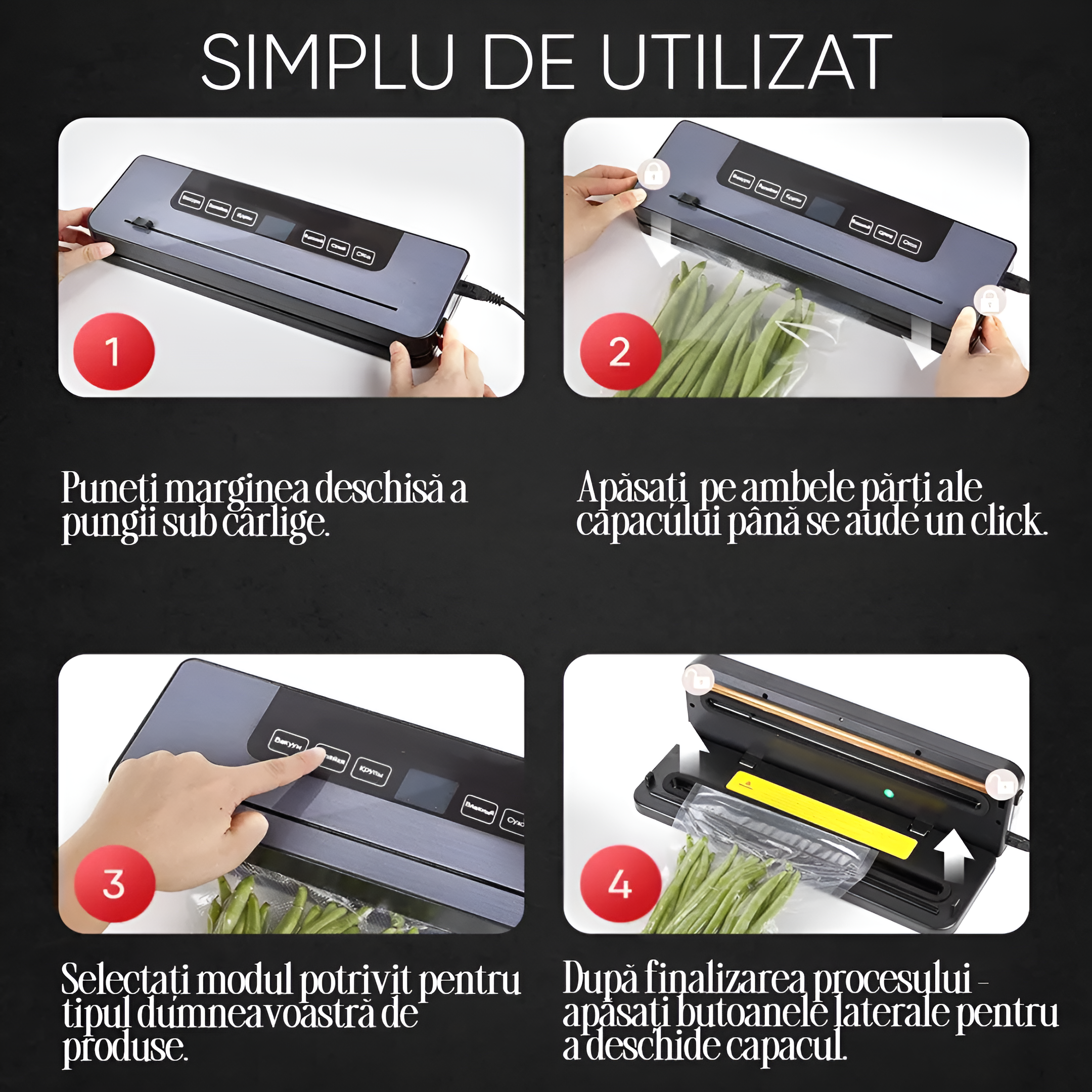 Aparat Profesional de Vidat si Sigilat alimente Koken, Functionare cu o singura atingere, Timp de etansare 10-15 s, bara de lipire 30 cm, Negru/Gri + 20 Pungi Gofrate Cadou