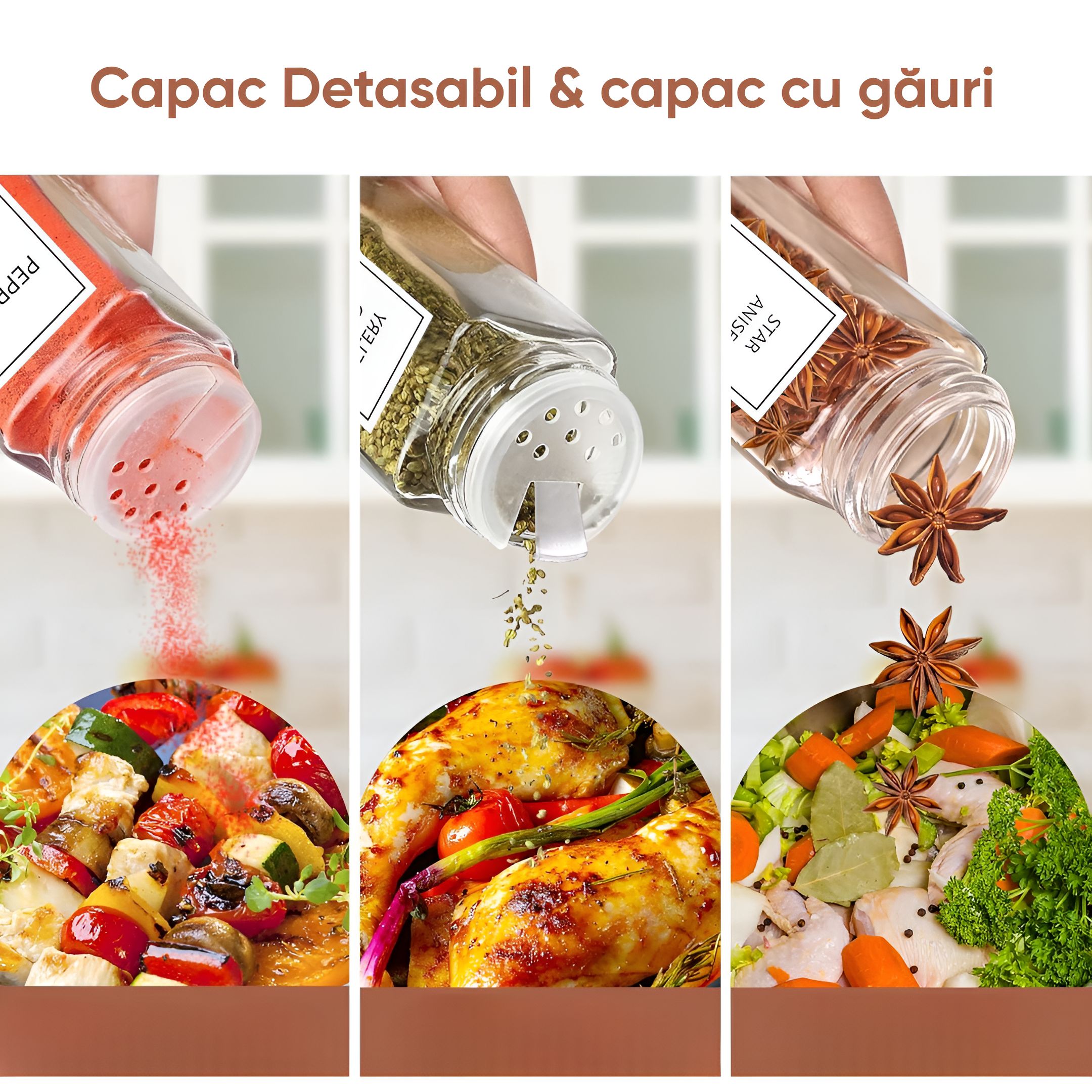 Set recipiente condimente 24 sticlute cu capace de dozaj de 120 ml, perie, palnie, etichete si marker, capac etans din bambus, Transparent