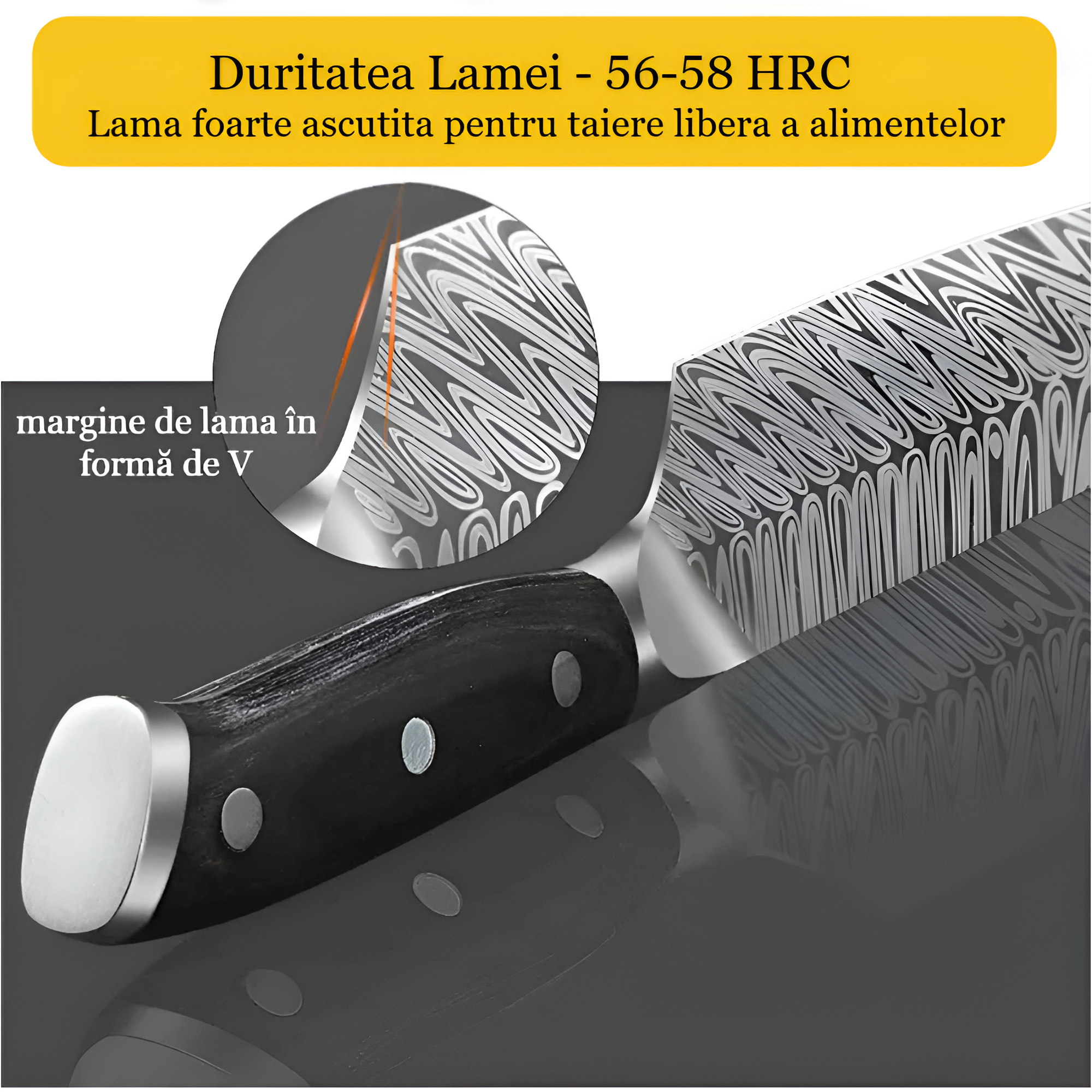 Cutitul bucatarului profesional - Full Tang, Lama Ascutita din Otel inoxidabil 21 cm, model Damasc Koken, Duritatea ridicata 57±HRC, Taiere precisa pentru carne, legume si fructe, Rezistent la coroziune, Maner ergonomic lemn, 34, 5 cm
