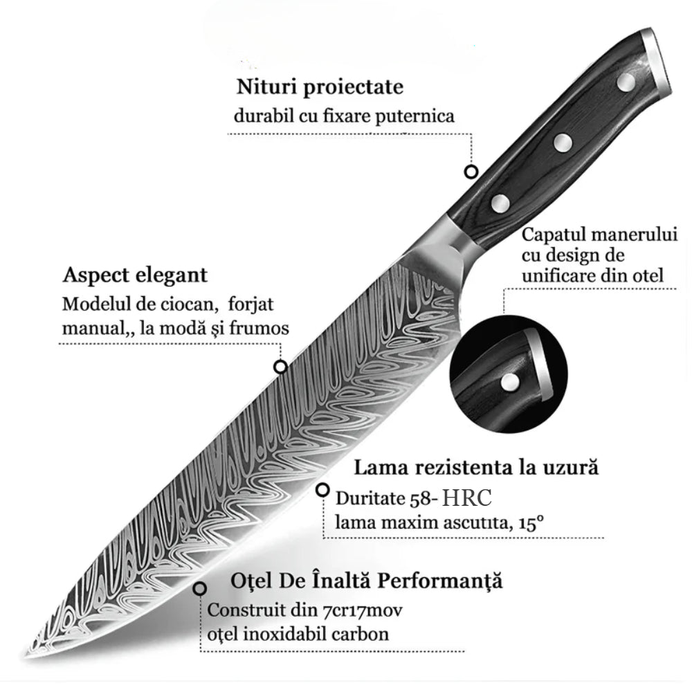 Cutitul bucatarului profesional - Full Tang, Lama Ascutita din Otel inoxidabil 21 cm, model Damasc Koken, Duritatea ridicata 57±HRC, Taiere precisa pentru carne, legume si fructe, Rezistent la coroziune, Maner ergonomic lemn, 34, 5 cm