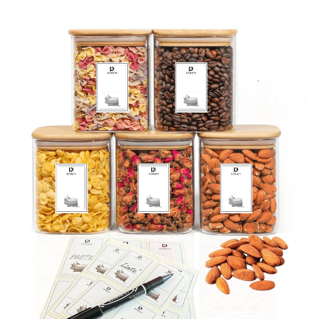 Set 5 recipiente depozitare alimente Koken, Borcane din sticla borosilicata cu capac din bambus ermetic, Recipiente patrate, transparente + stickere, marker