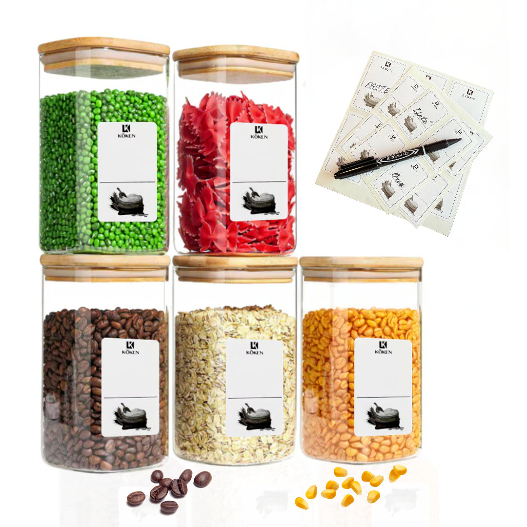 Set 5 recipiente depozitare alimente Koken, Borcane din sticla borosilicata cu capac din bambus ermetic, Recipiente patrate, transparente + stickere, marker