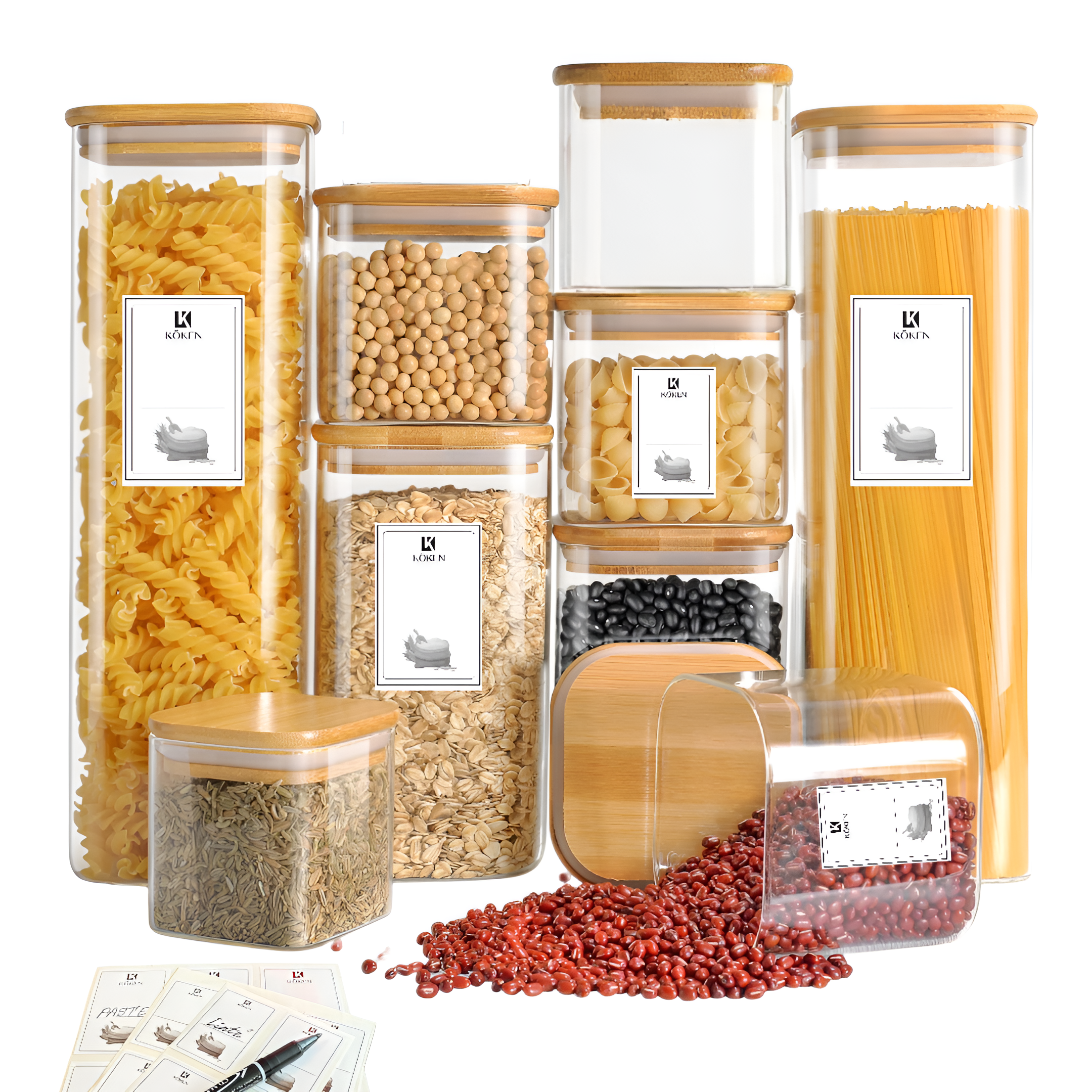 Set of 14 Square Borosilicate Glass Containers with Airtight Bamboo Lids Koken, for Dry Food and Grain Storage